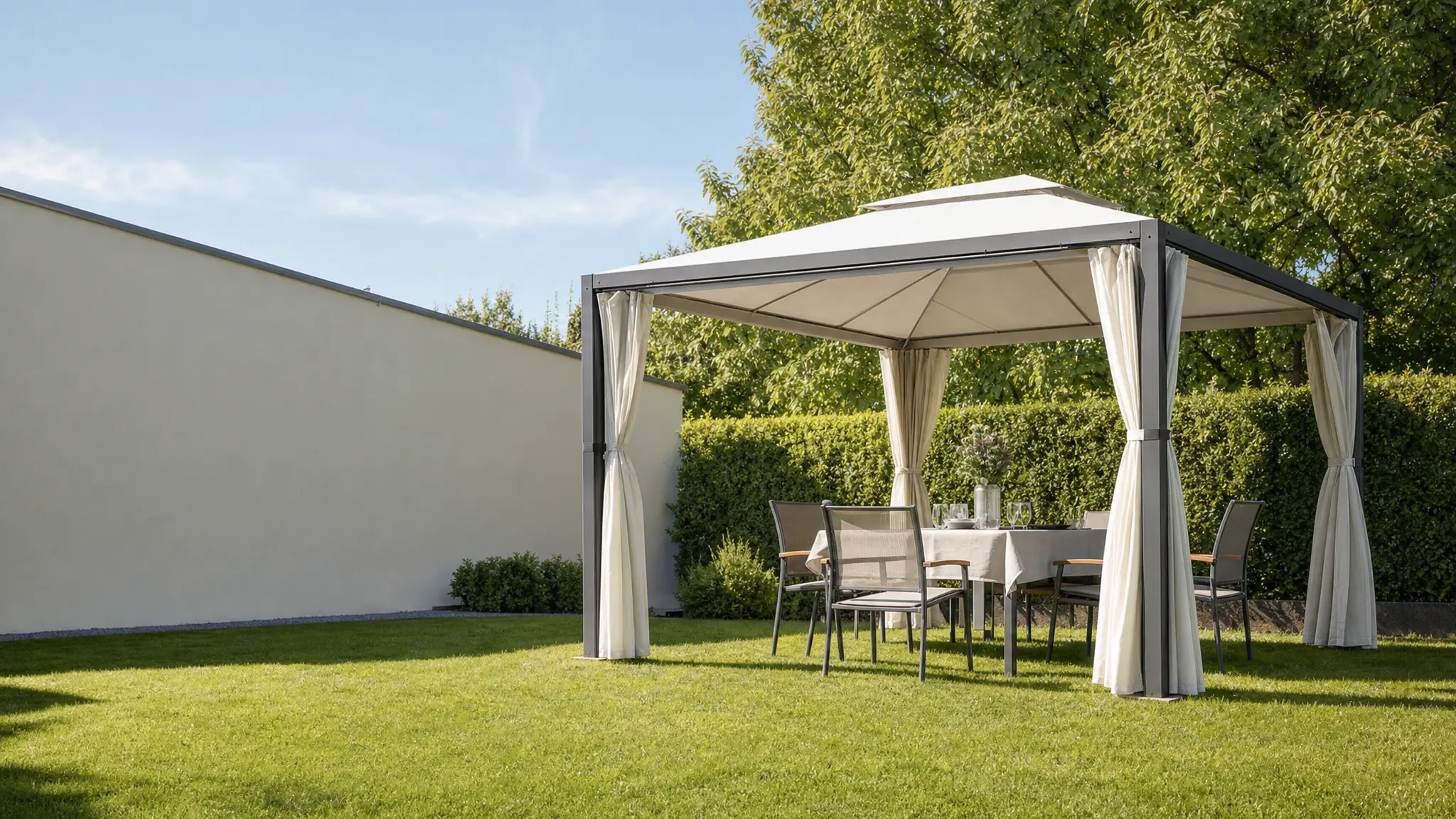 Ein Stahlpavillon mit Sitzgruppe unter dem Dach steht auf einer sonnigen Rasenfläche