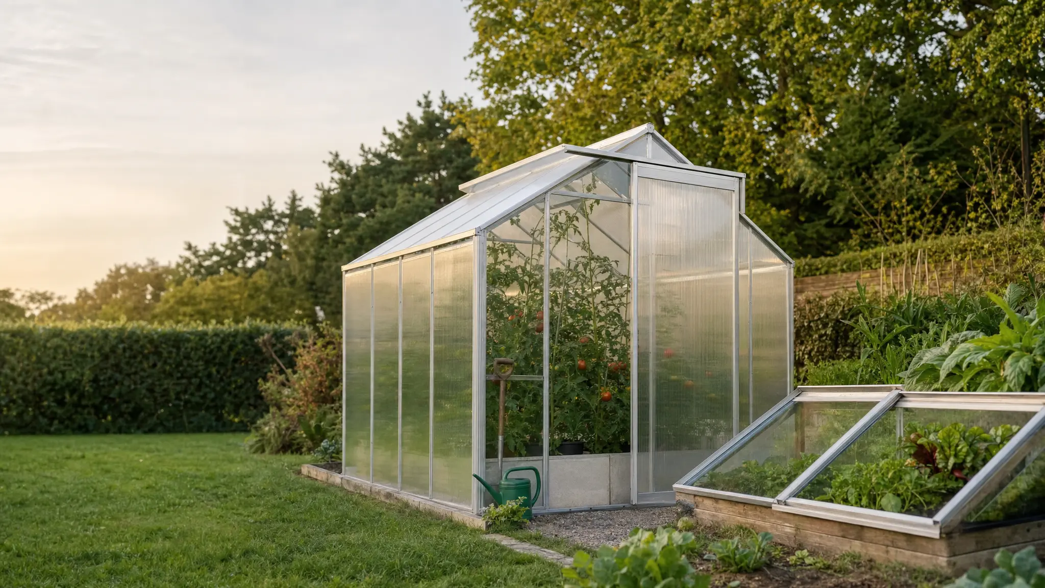 Ein Gewächshaus mit sichtbaren Tomatenpflanzen und ein Frühbeet stehen in einem Gemüsegarten