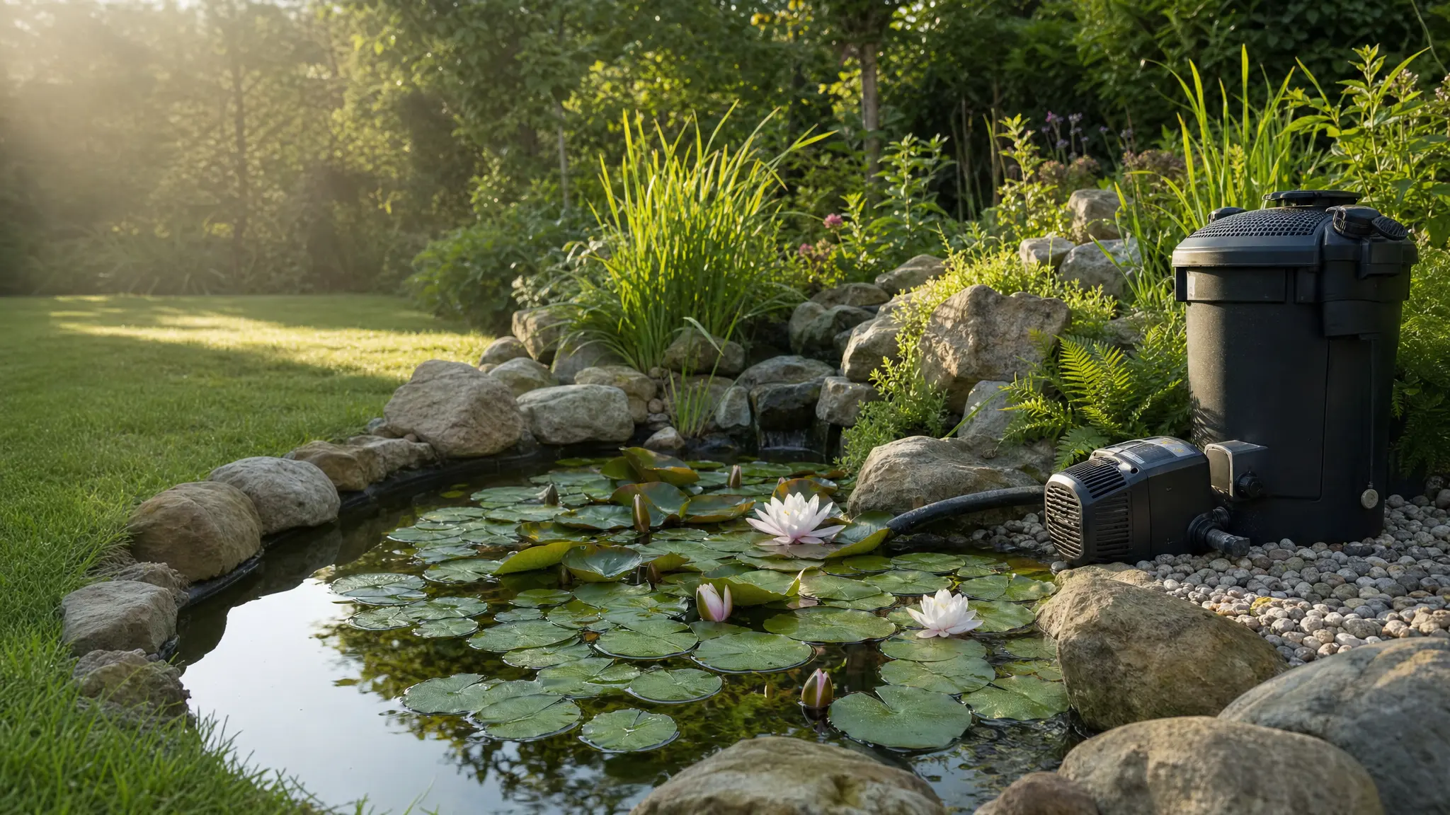Ein Gartenteich mit Seerosen, Steinrand und sichtbarer Teichpumpe liegt ruhig im Morgenlicht