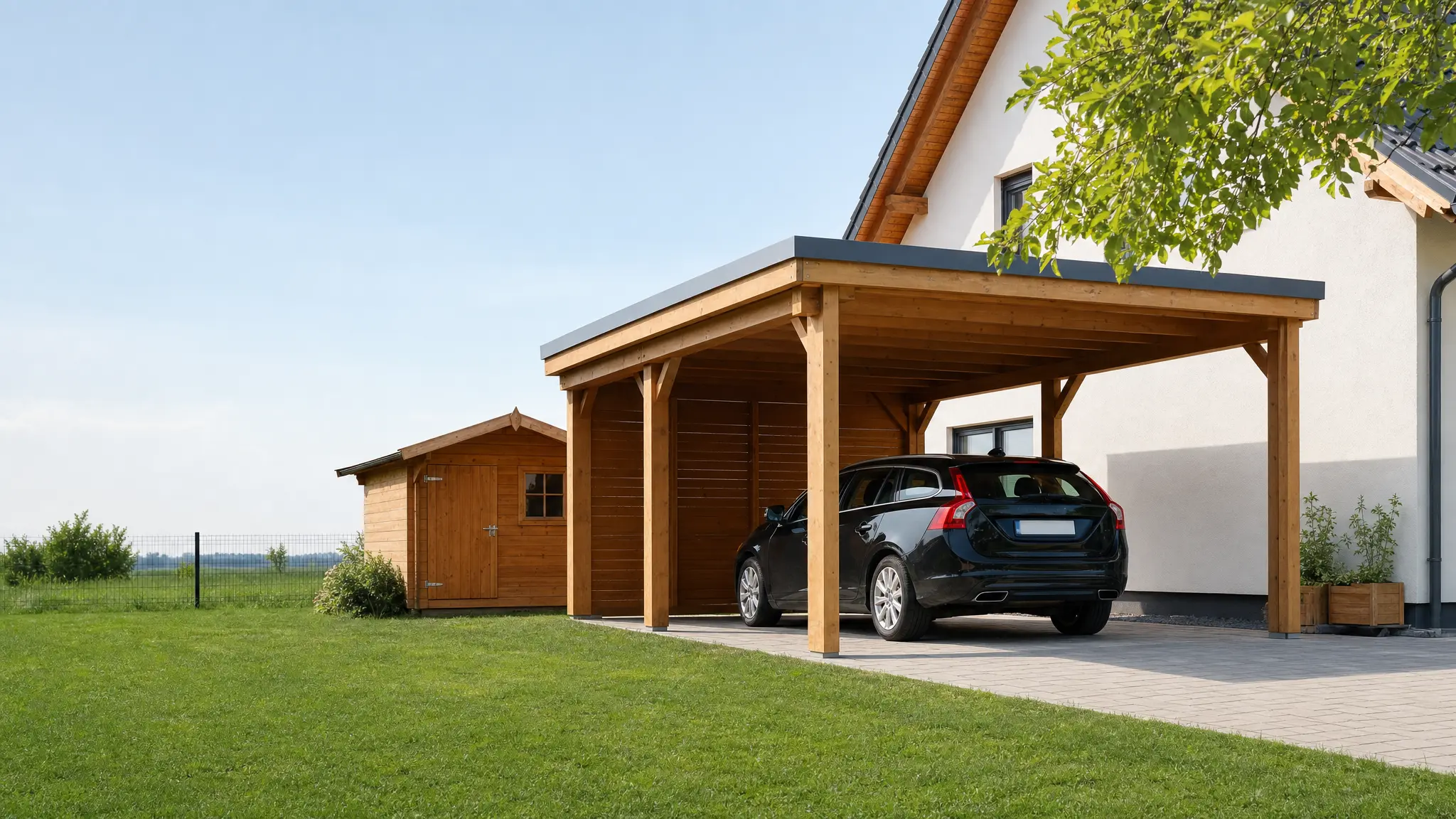 Ein Holzcarport mit Auto steht neben einem Haus, dahinter ein Gerätehaus auf der Wiese
