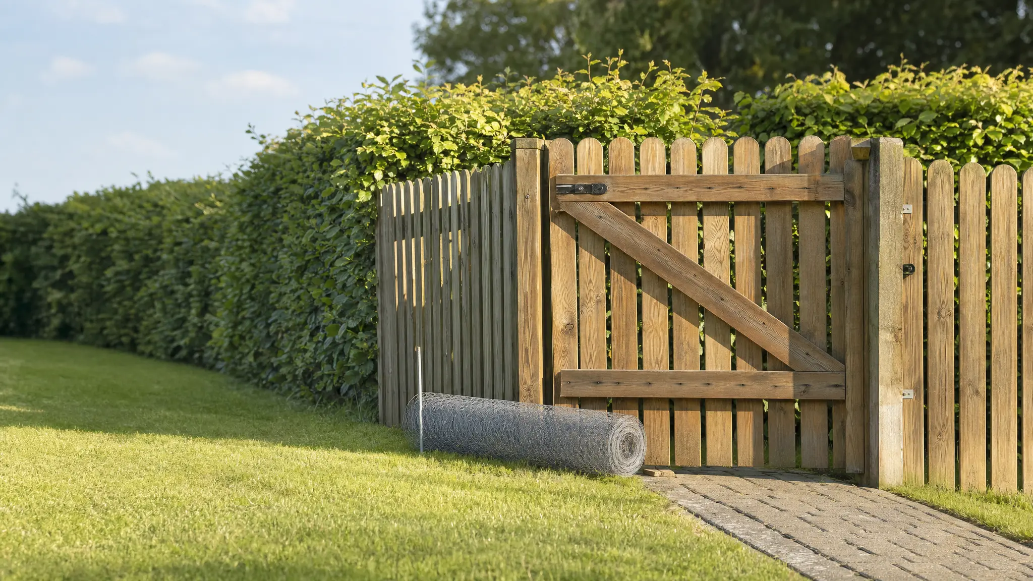 Ein Gartenzaun mit Tor begrenzt einen Rasen, daneben liegt eine Rolle Drahtgeflecht