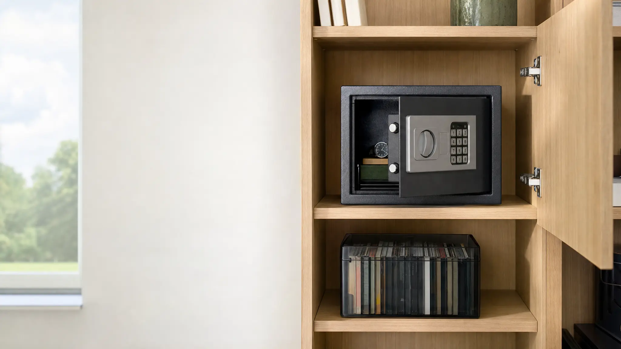 Ein kleiner Tresor mit Zahlenschloss steht in einem Wandschrank, daneben eine Kassette auf dem Regal