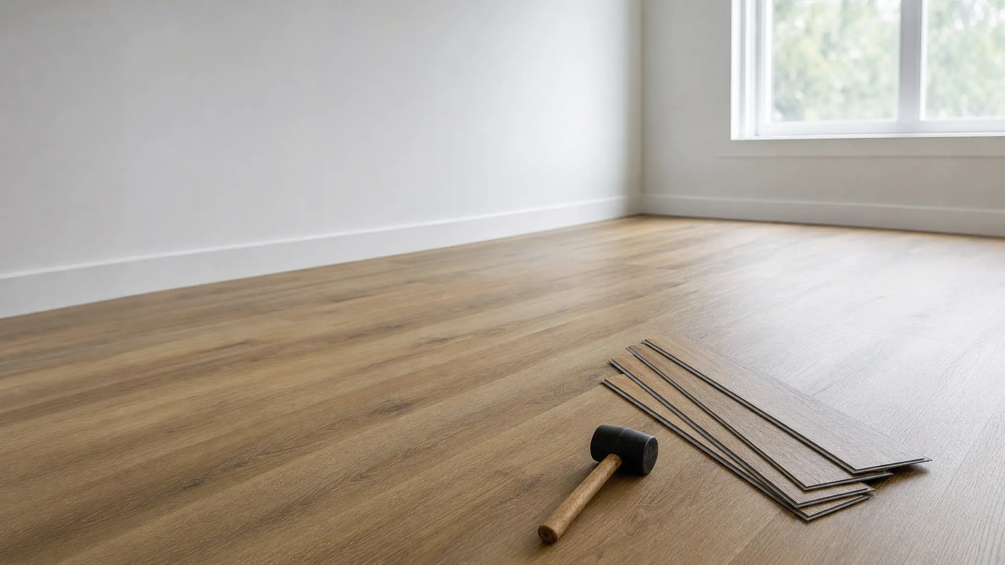 Vinylboden in Holzoptik wird in einem Raum verlegt, Planken und Gummihammer liegen am Rand