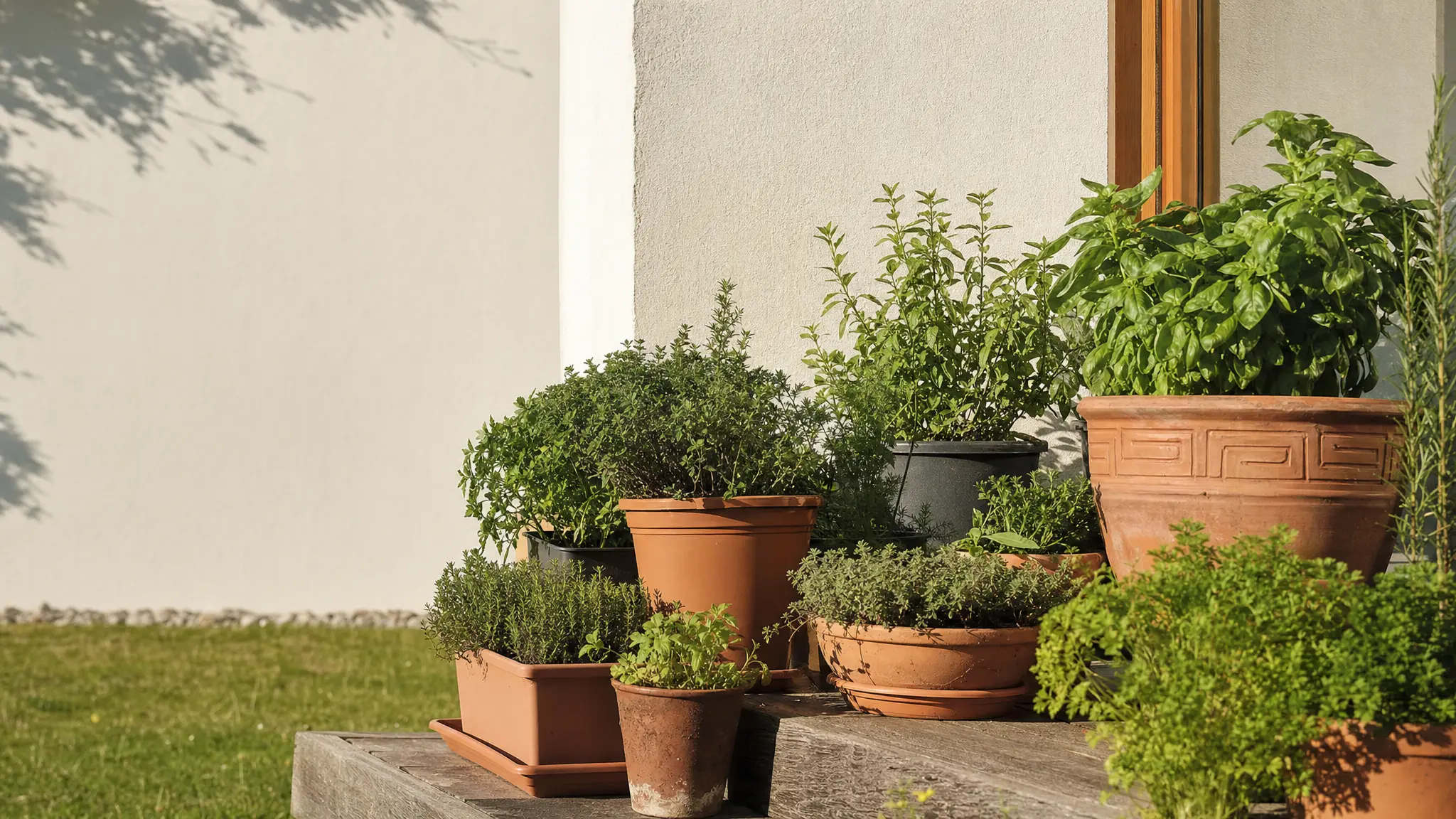 Mehrere bepflanzte Blumentöpfe und Pflanzkübel stehen auf einer sonnigen Terrasse vor einer hellen Wand