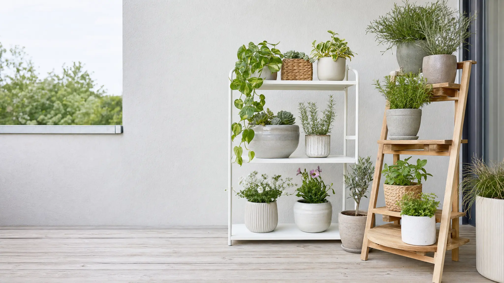 Ein Blumenregal und ein Blumenständer mit Topfpflanzen stehen auf einem Balkon vor heller Wand