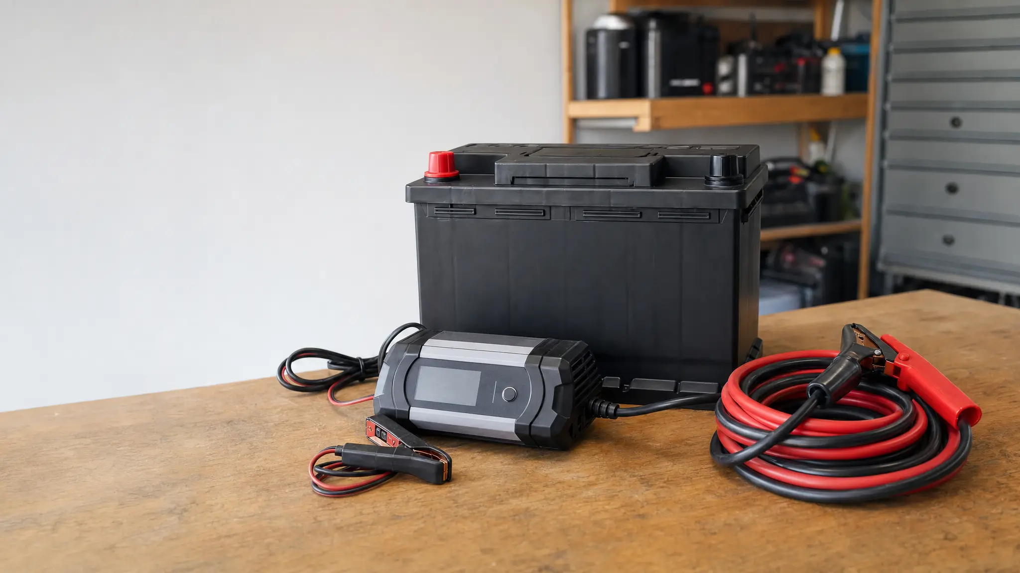 Eine Autobatterie mit angeschlossenem Ladegerät und Starthilfekabel liegt auf einer Werkbank in einer Garage