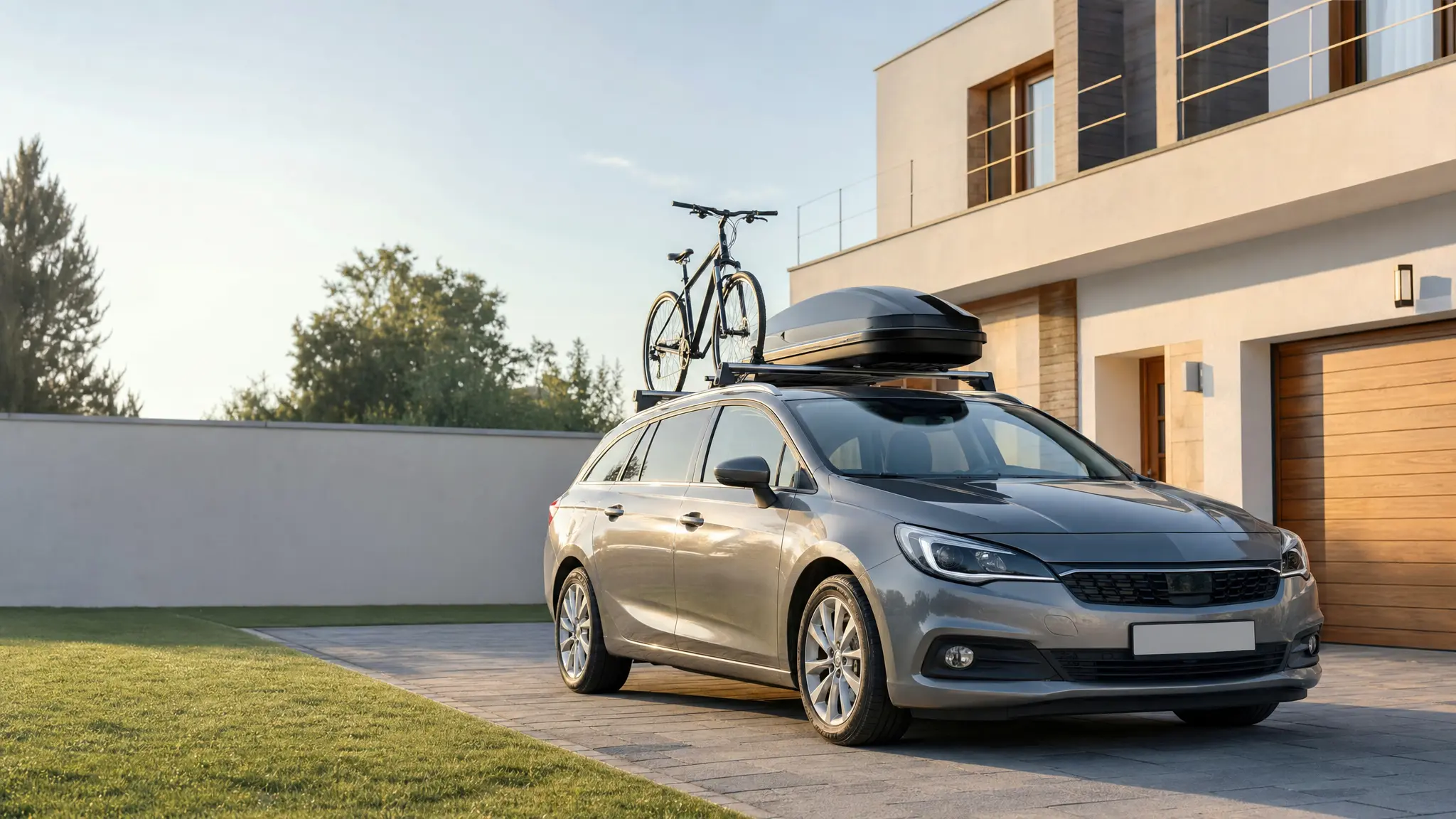 Ein Kombi mit Dachträger, Dachbox und Fahrradhalter steht in einer Hauseinfahrt im Morgenlicht