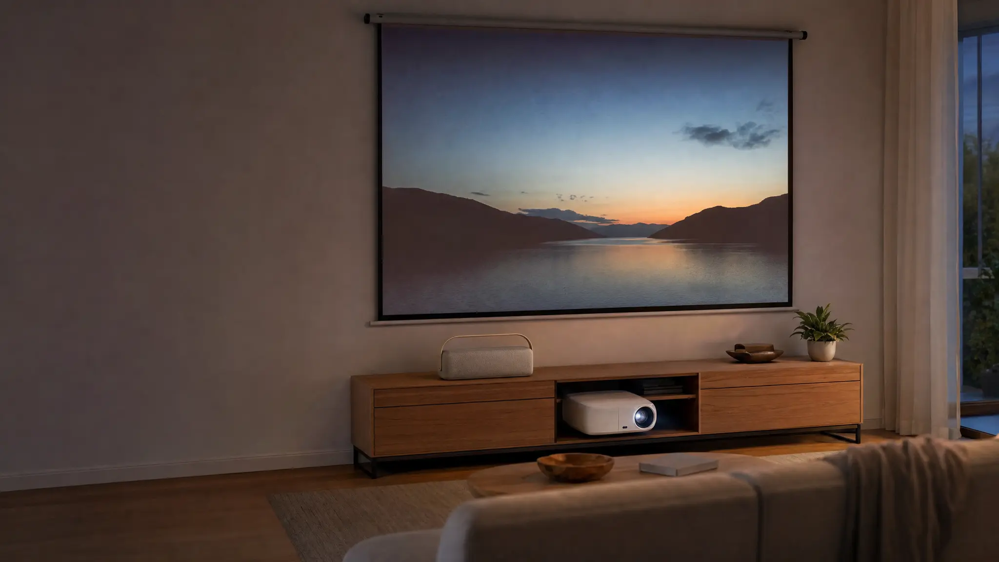 Ein Bluetooth-Lautsprecher, ein Beamer und eine Projektionsleinwand in einem Wohnzimmer im Dämmerlicht