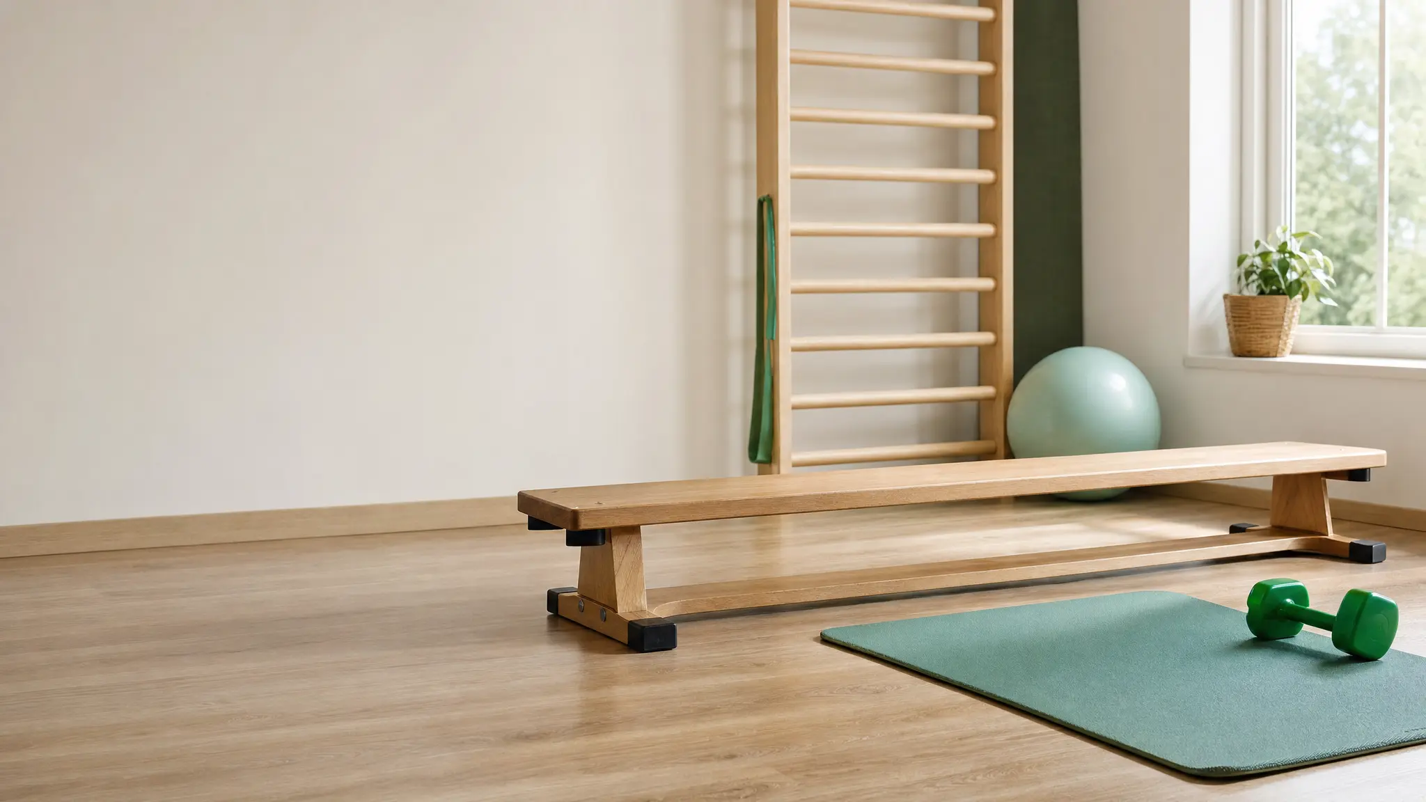 Ein Schwebebalken für Kinder, eine Gymnastikmatte und Hanteln stehen in einem hellen Raum
