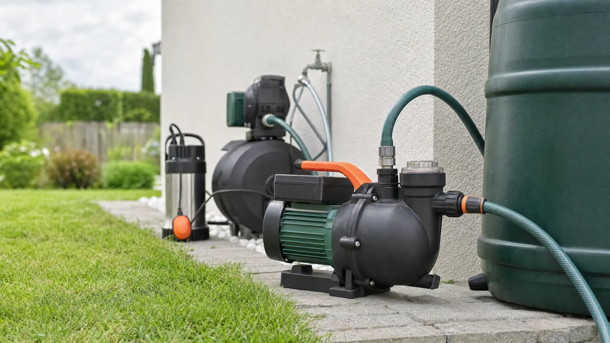Eine Gartenpumpe mit Schlauch steht neben einer Regentonne, dahinter ein Hauswasserwerk