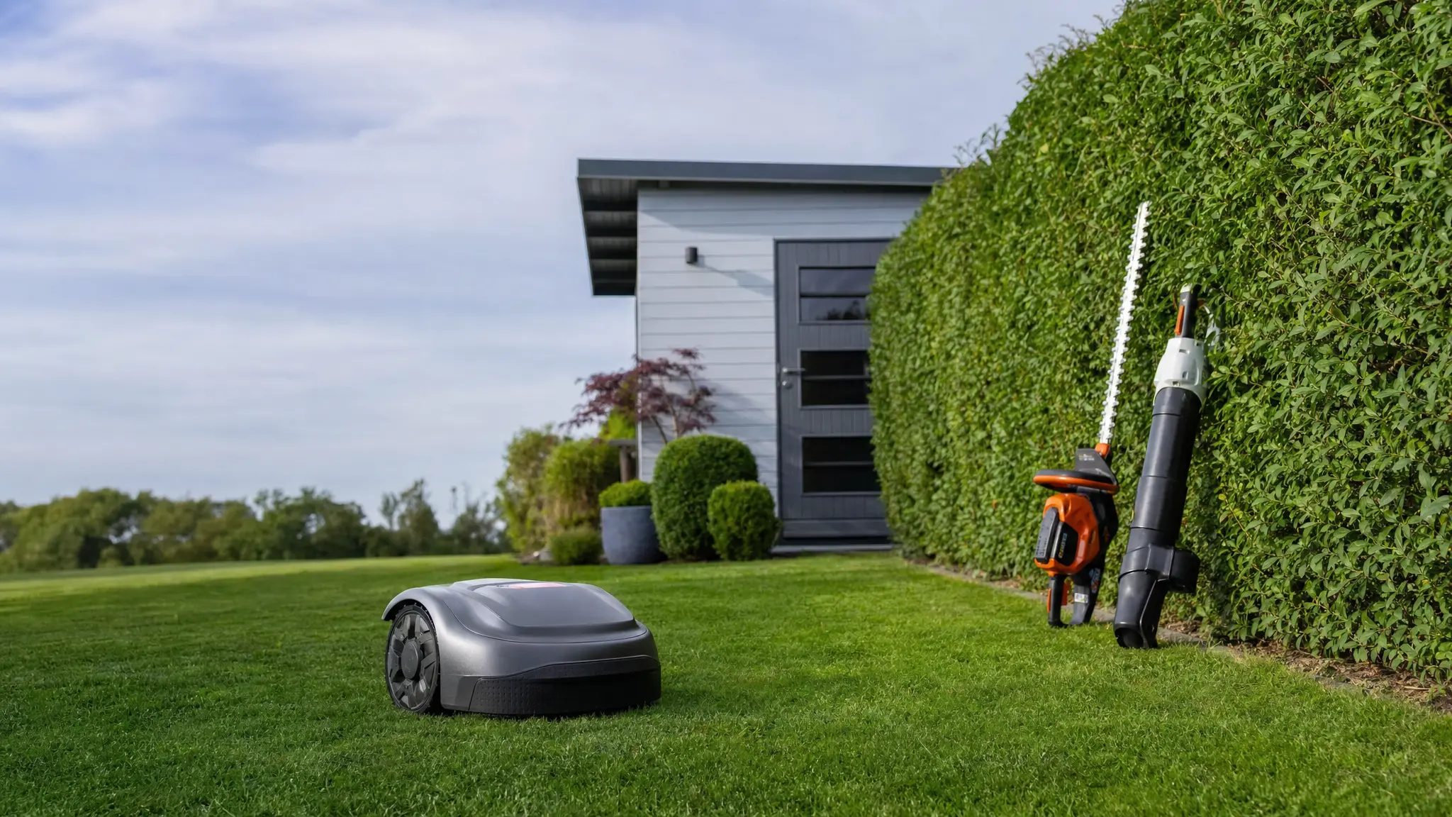 Ein Mähroboter auf dem Rasen, daneben Heckenschere und Laubbläser an einer Hecke im Garten