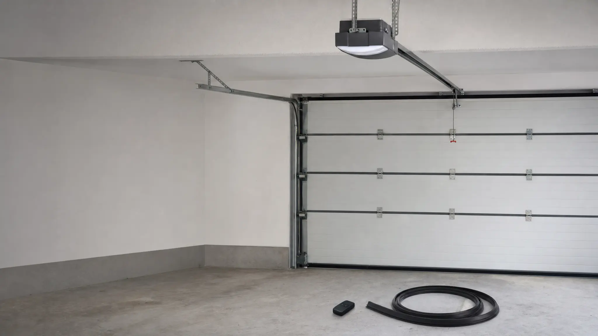 Ein Garagentor mit Antrieb an der Decke, daneben Handsender und Dichtungsstreifen auf dem Boden