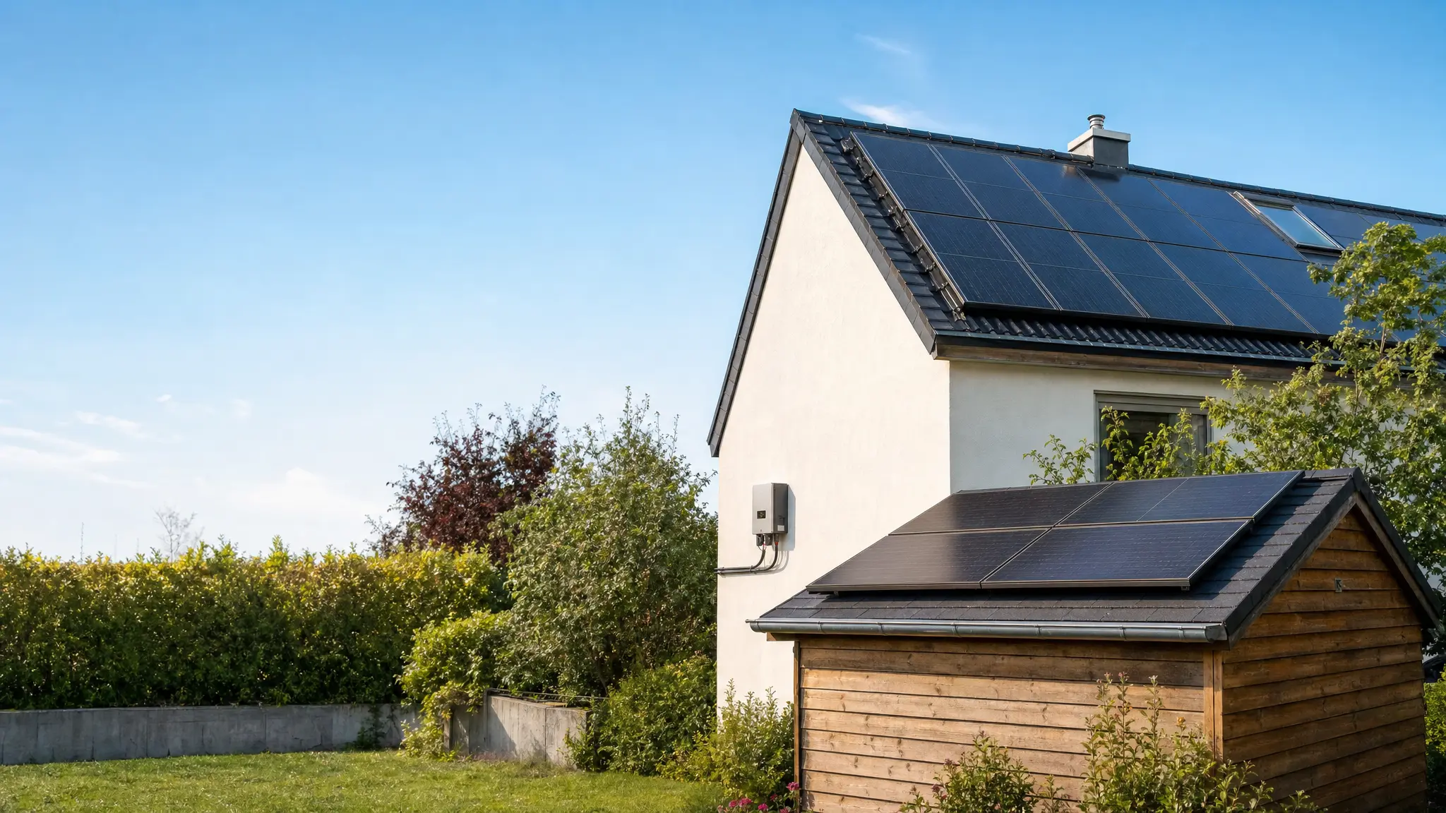 Solarpanele auf Hausdach und Gartenschuppen, an der Wand ein Wechselrichter mit Kabeln, blauer Himmel