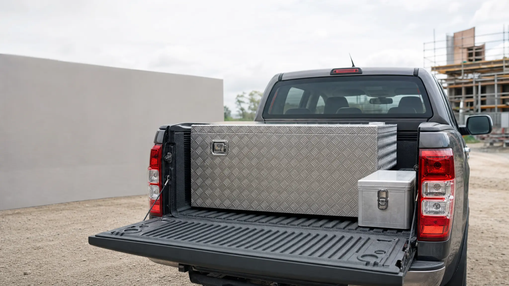 Eine Aluminium-Werkzeugkiste und eine Staubox stehen auf der Ladefläche eines Pickups