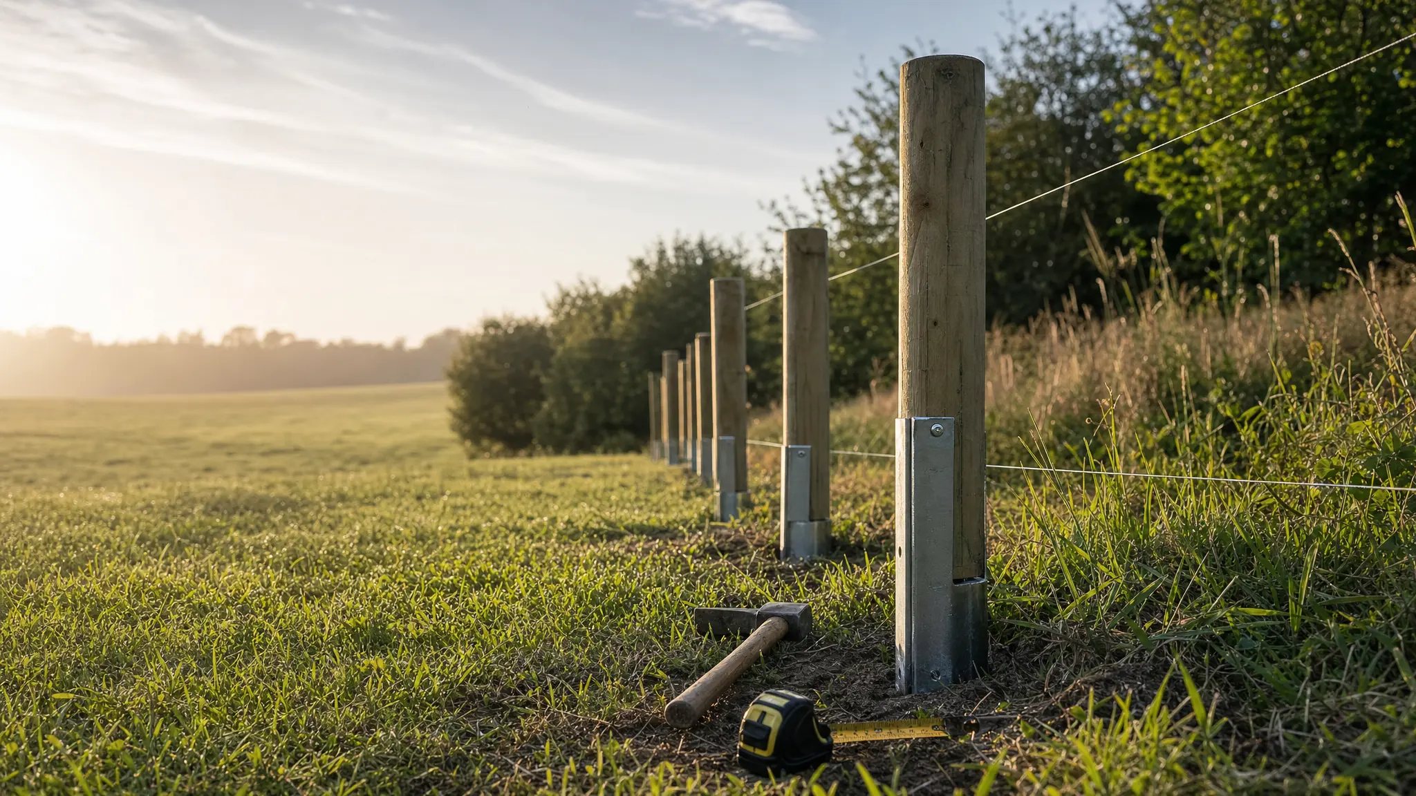 Zaunpfosten aus Holz mit Pfostenträgern stehen auf einer Wiese, daneben liegen Hammer und Maßband