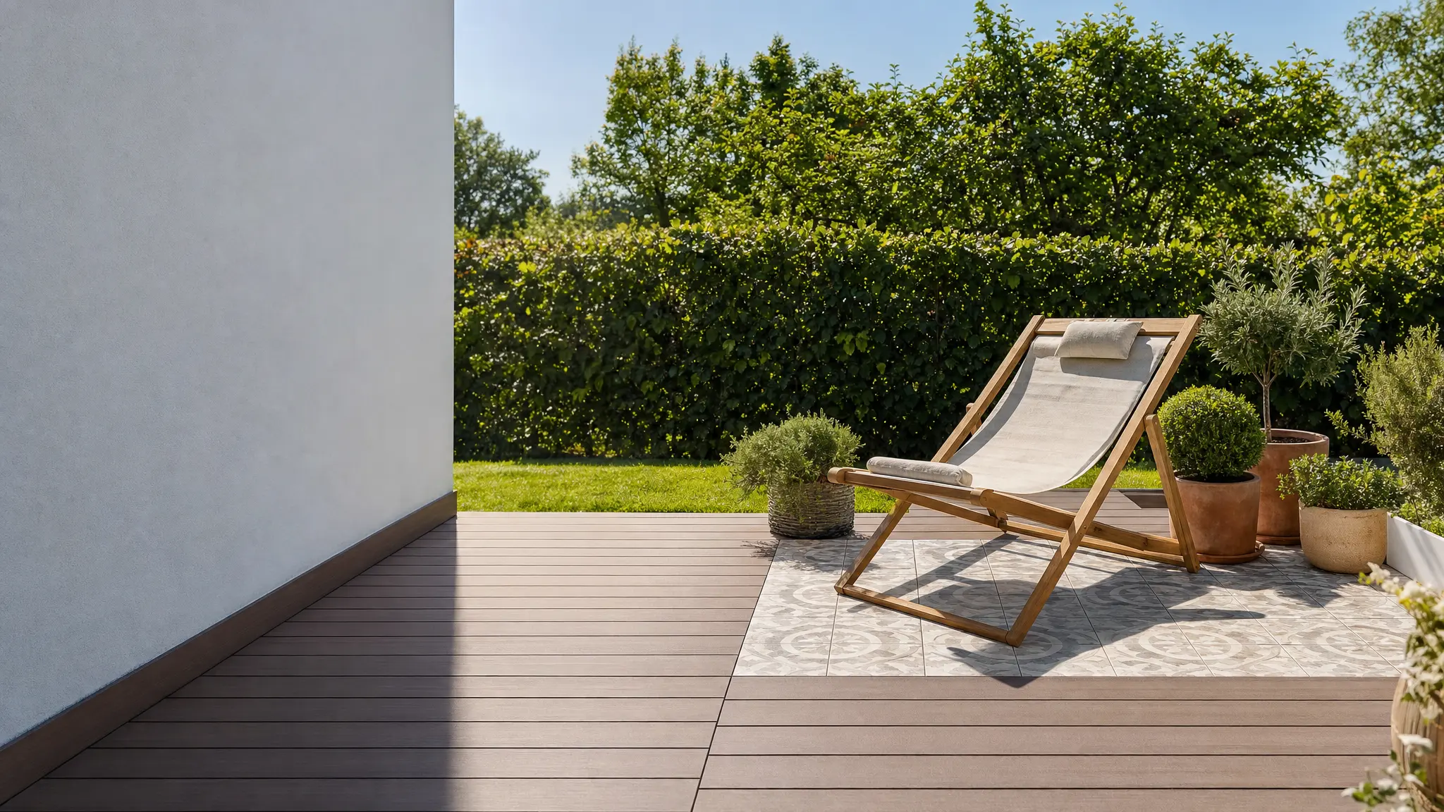 Eine Terrasse mit WPC-Dielen und Fliesen im Sonnenlicht, daneben ein Gartenstuhl und eine Hecke
