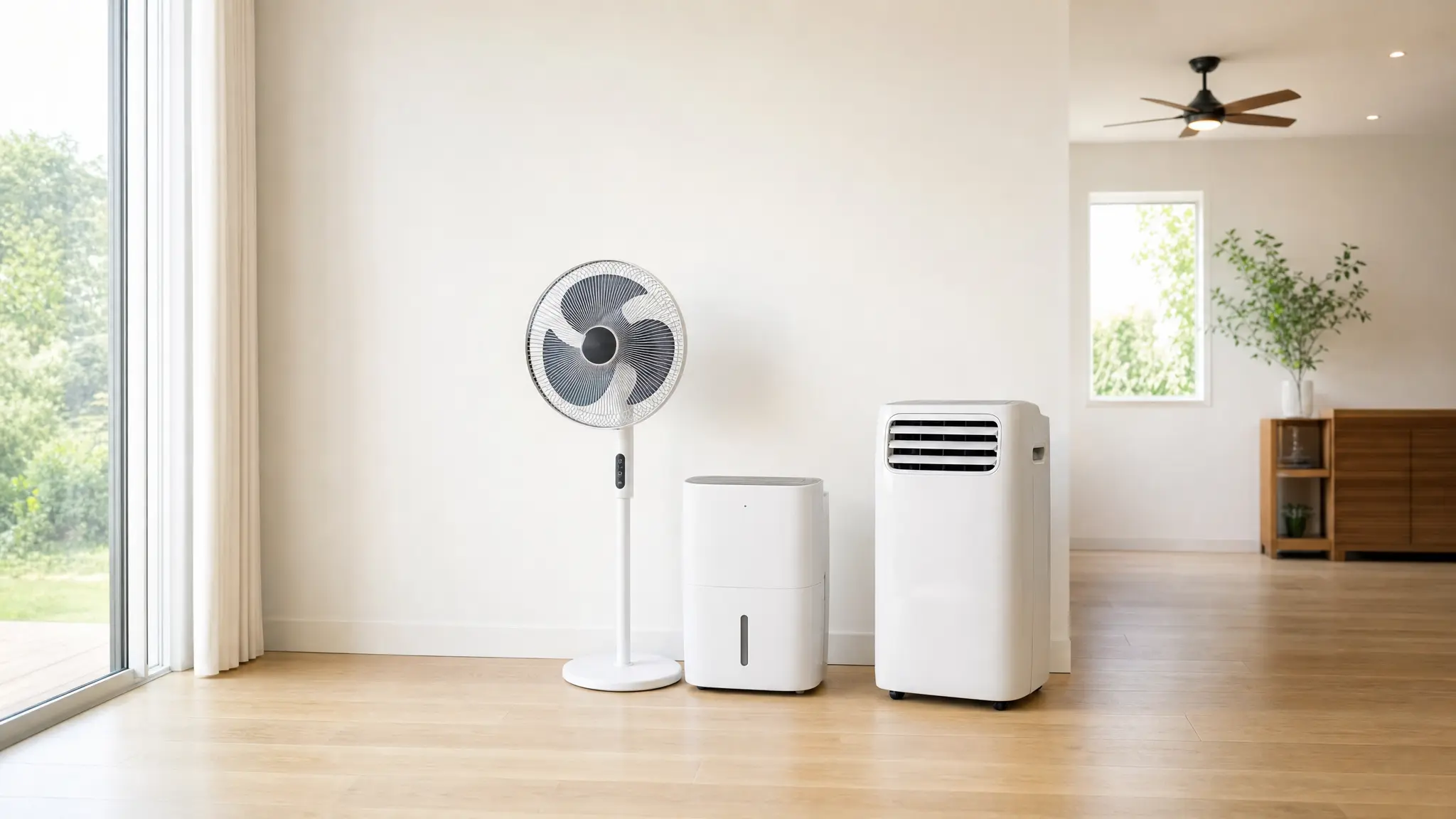 Ein Standventilator, ein Luftentfeuchter und ein mobiles Klimagerät stehen in einem hellen Raum