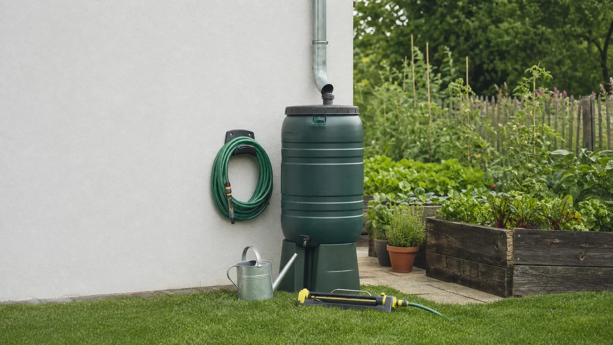 Eine Regentonne, ein aufgerollter Gartenschlauch, eine Gießkanne und ein Rasensprenger im Garten