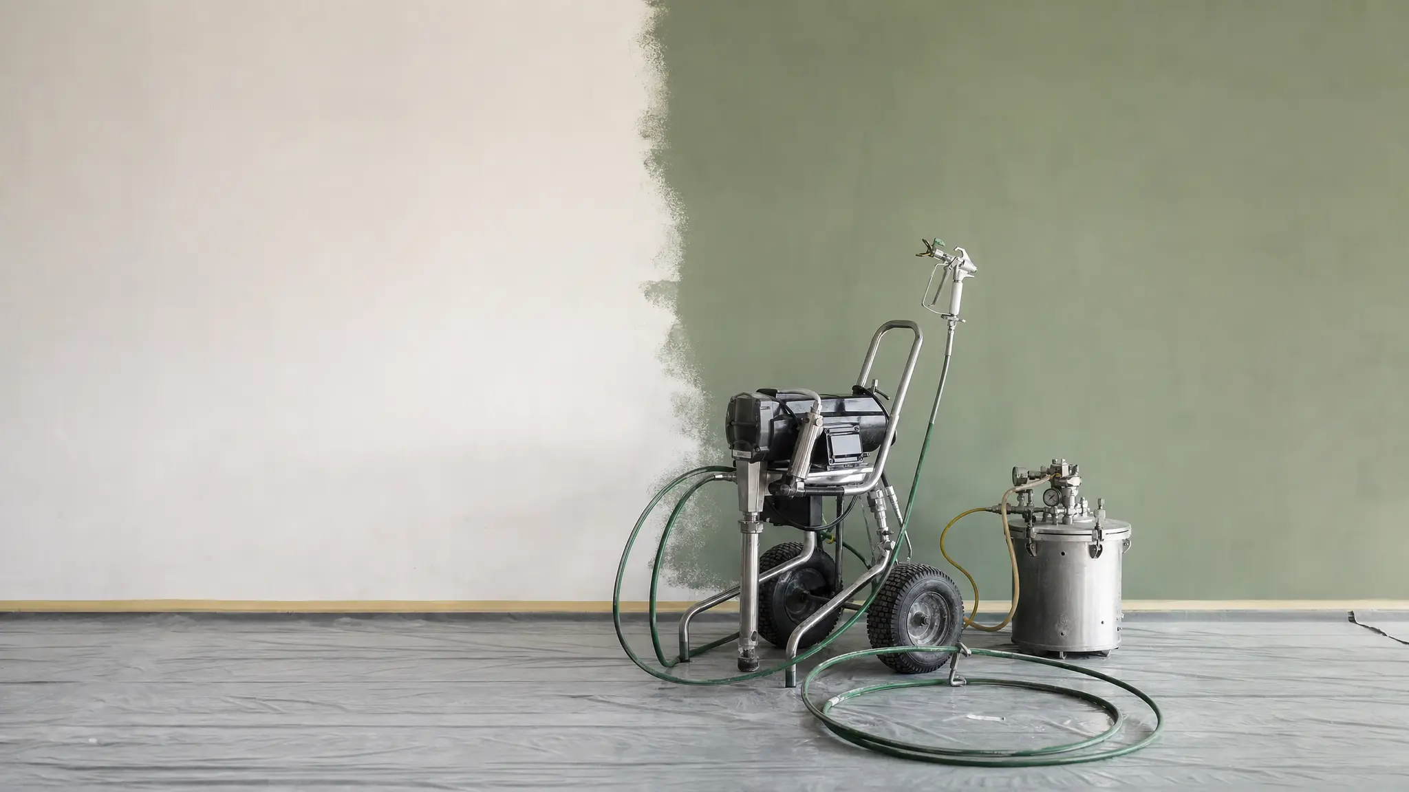 Ein Airless-Farbspritzgerät mit Schlauch und ein Druckbehälter stehen vor einer halb gestrichenen Wand