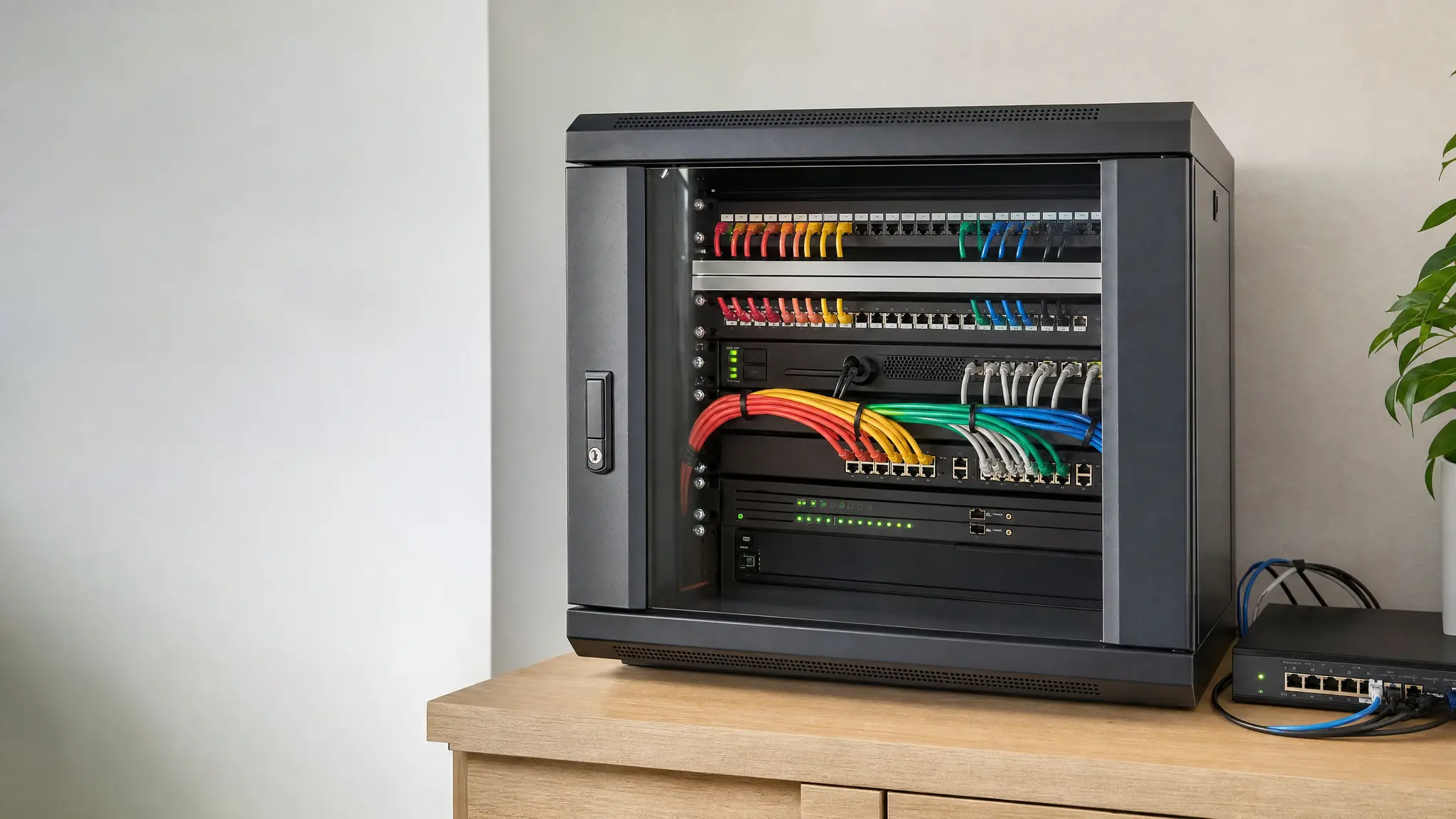Ein Netzwerkschrank mit Patchpanel, Switch und sauber geführten Patchkabeln