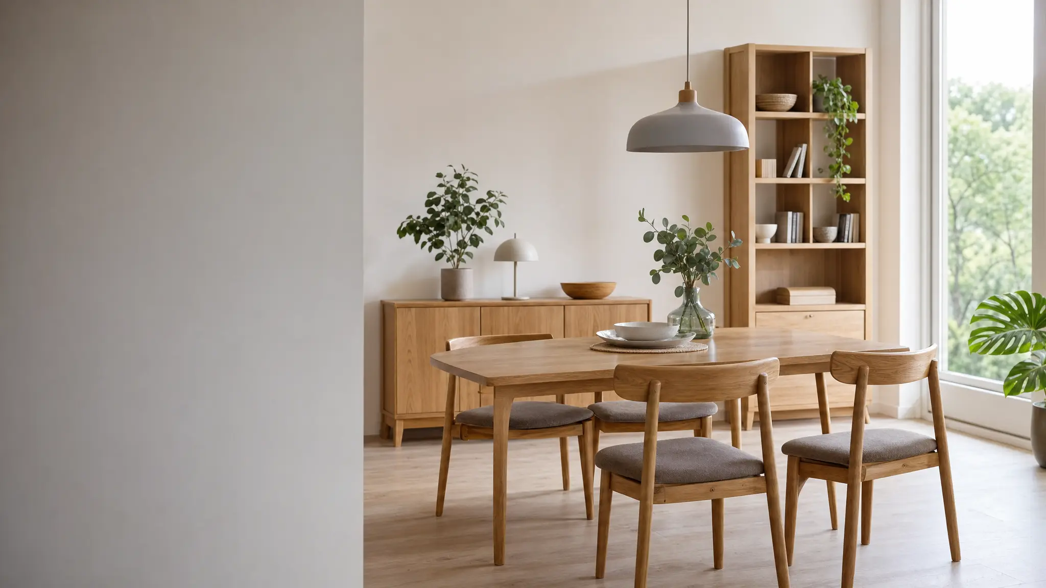 Ein Esstisch mit Stühlen, eine Kommode und ein Regal in einem hellen Wohnzimmer mit Pendelleuchte