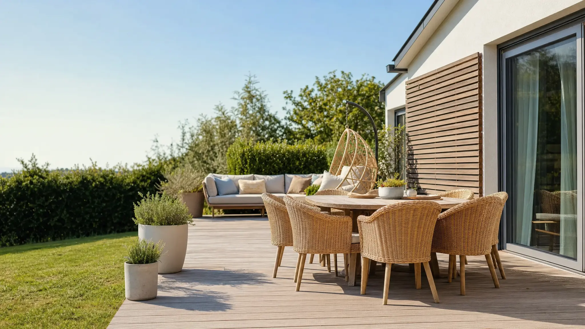 Eine Sitzgruppe aus Rattan und eine Lounge-Ecke mit Kissen stehen auf einer sonnigen Terrasse