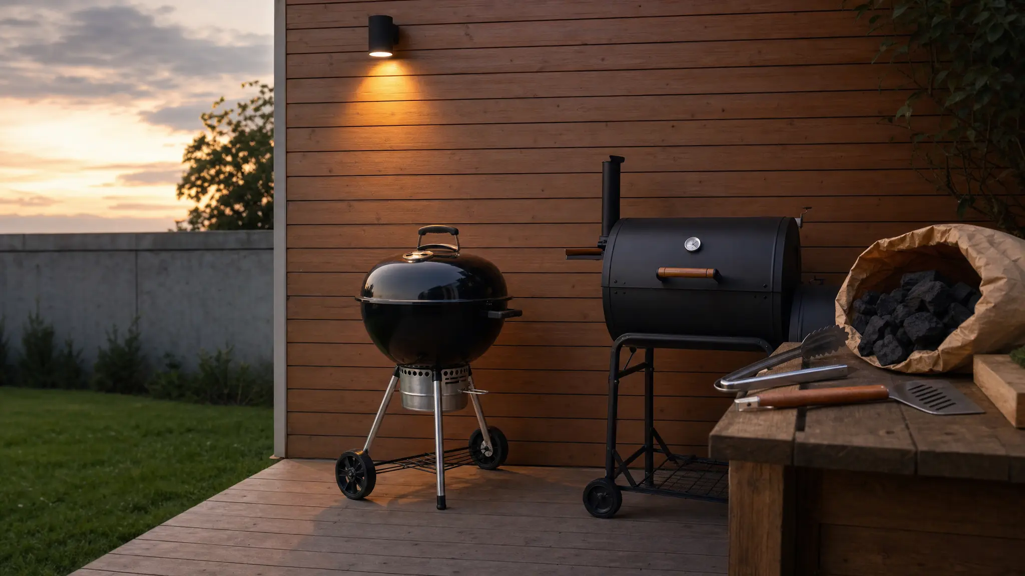 Ein Kugelgrill und ein Smoker stehen auf einer Terrasse, auf dem Holztisch liegen Grillbesteck und Kohle