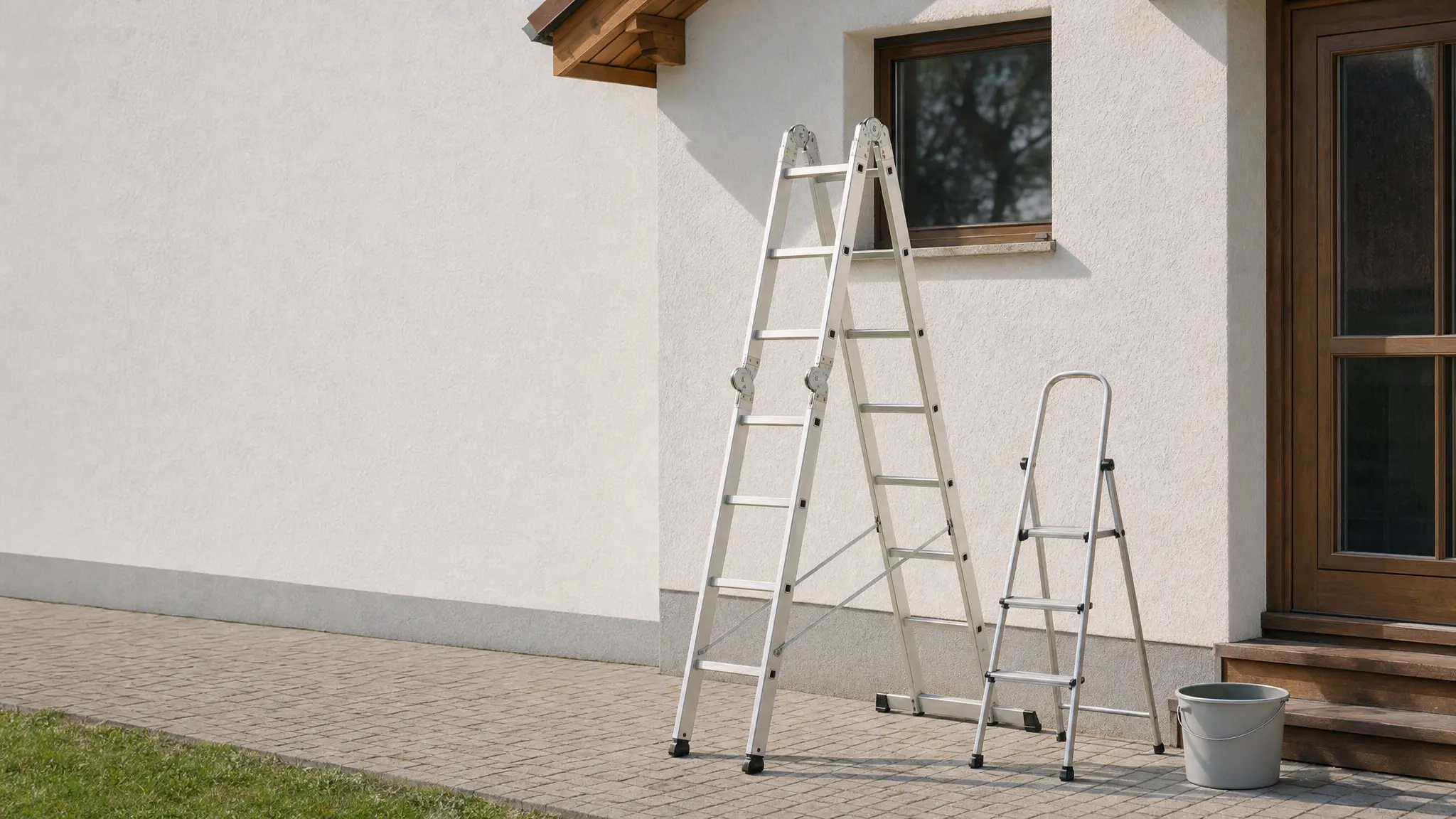 Eine Mehrzweckleiter und eine kleine Haushaltsleiter stehen an einer hellen Hauswand neben einem Eimer