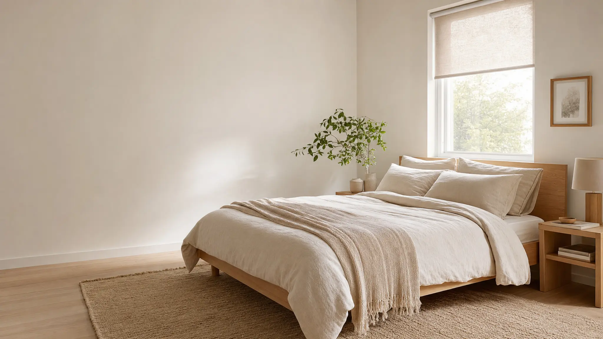 Ein Bett mit naturfarbener Bettwäsche, Teppich und Rollo in einem hellen Schlafzimmer im Morgenlicht