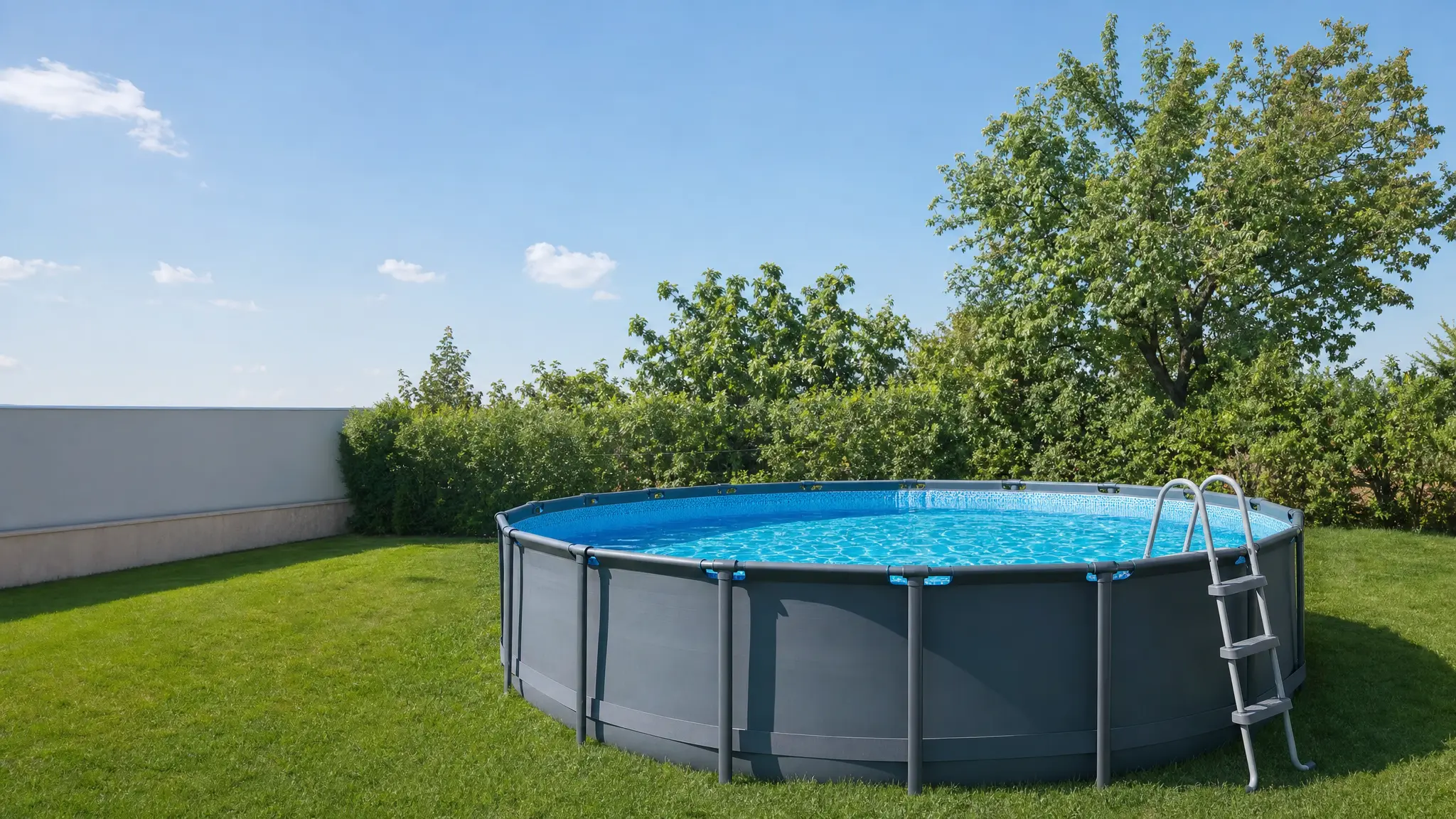 Ein runder Stahlrahmen-Pool mit klarem Wasser steht auf einem ebenen Rasen unter blauem Himmel