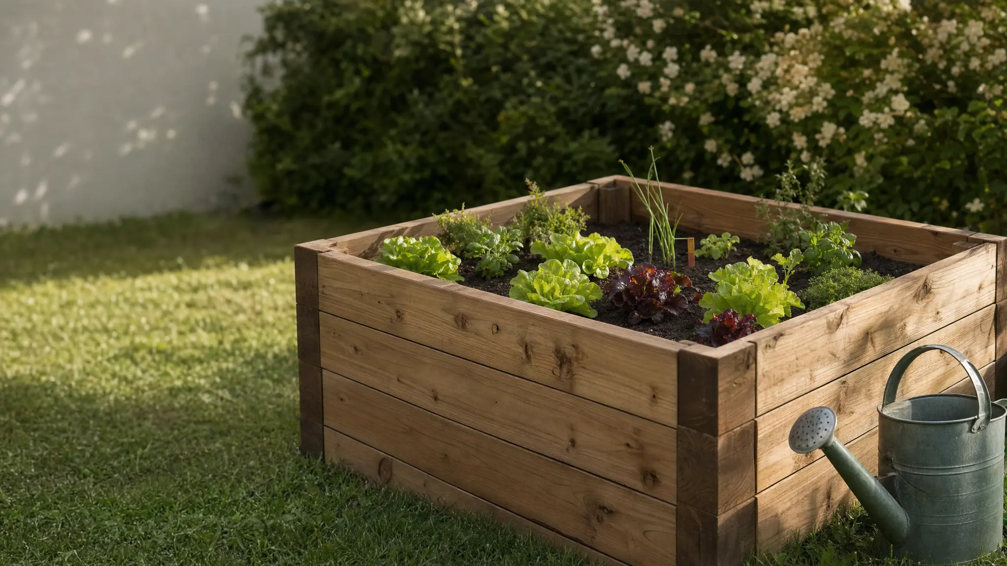 Ein Hochbeet aus Holz mit jungem Salat und Kräutern steht neben einer Gießkanne im Garten