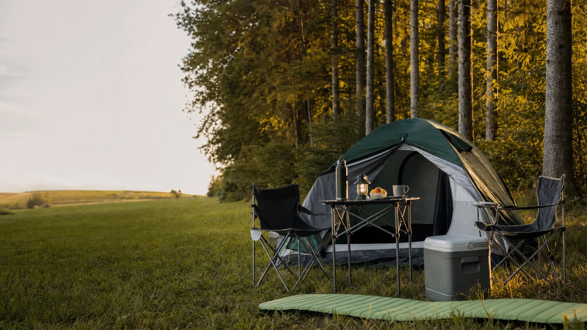 Ein Campingzelt mit Klappstühlen, Tisch und Kühlbox steht auf einer Wiese am Waldrand