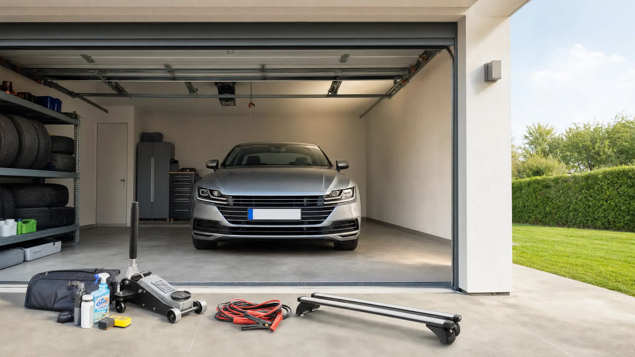 Helle Garage mit modernem Auto, davor Wagenheber, Starthilfekabel, Dachträger, Pflegeprodukte und Reifen auf einem Regal