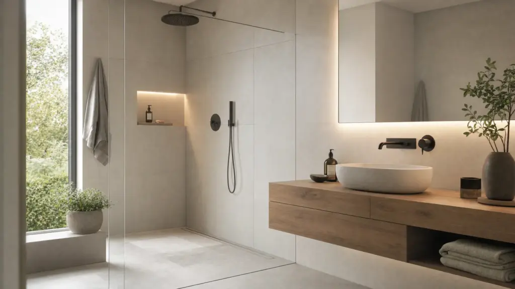 Modernes Badezimmer mit Dusche und Waschtisch