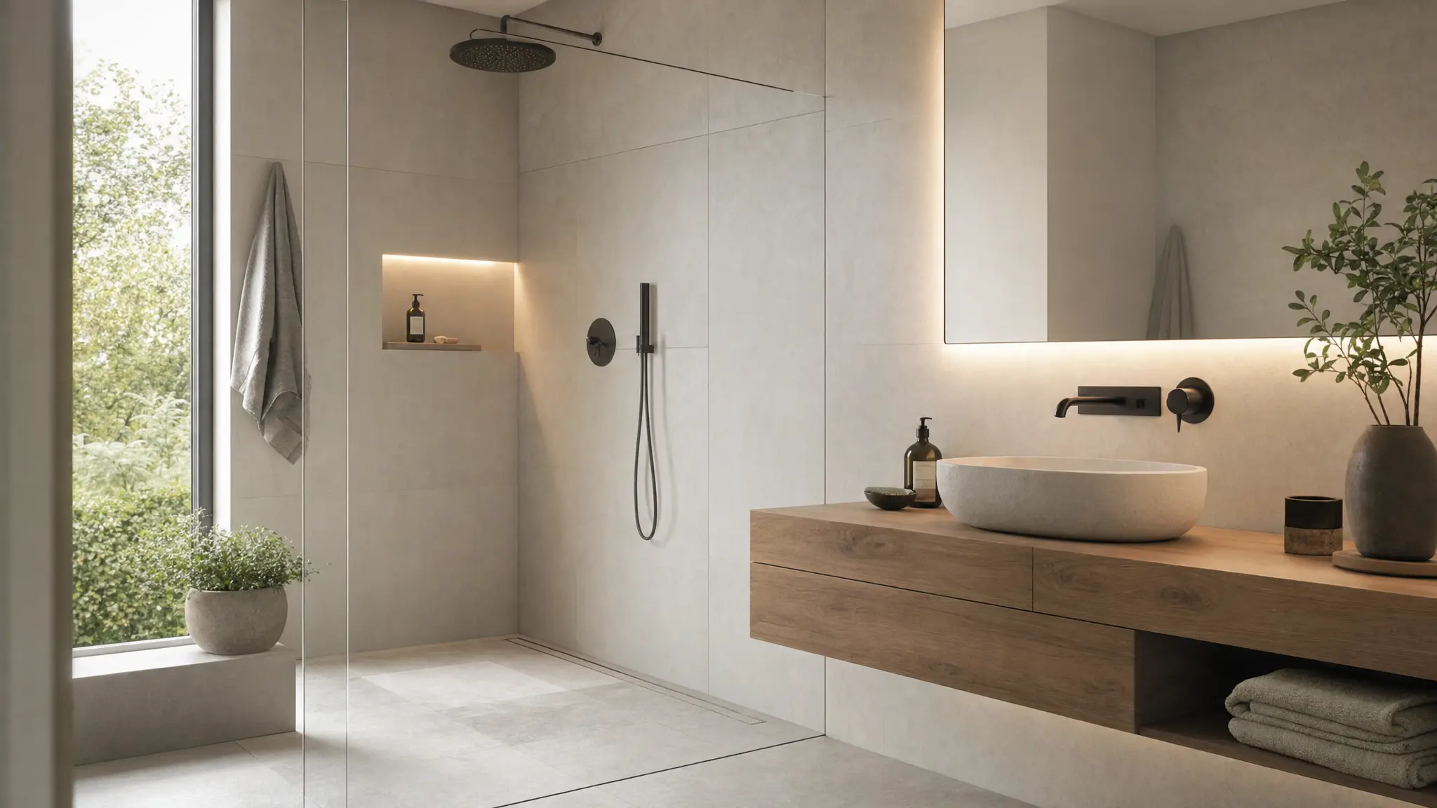 Modernes Badezimmer mit bodengleicher Dusche hinter Glaswand, schwarzer Regenbrause, Holzwaschtisch mit Aufsatzwaschbecken, beleuchtetem Spiegel und großformatigen Fliesen