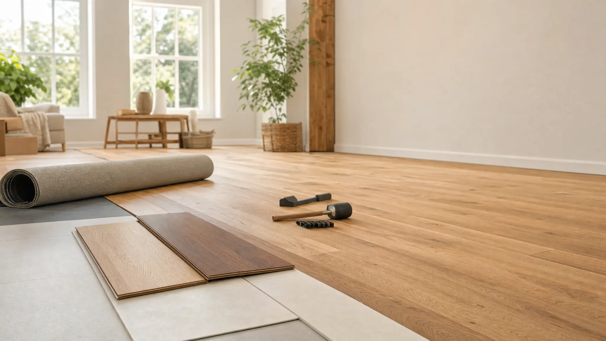 Moderner Wohnraum mit neu verlegtem Holzboden, daneben Muster aus Vinyl, Fliesen, Laminat und ein aufgerollter Teppich mit Verlegewerkzeug