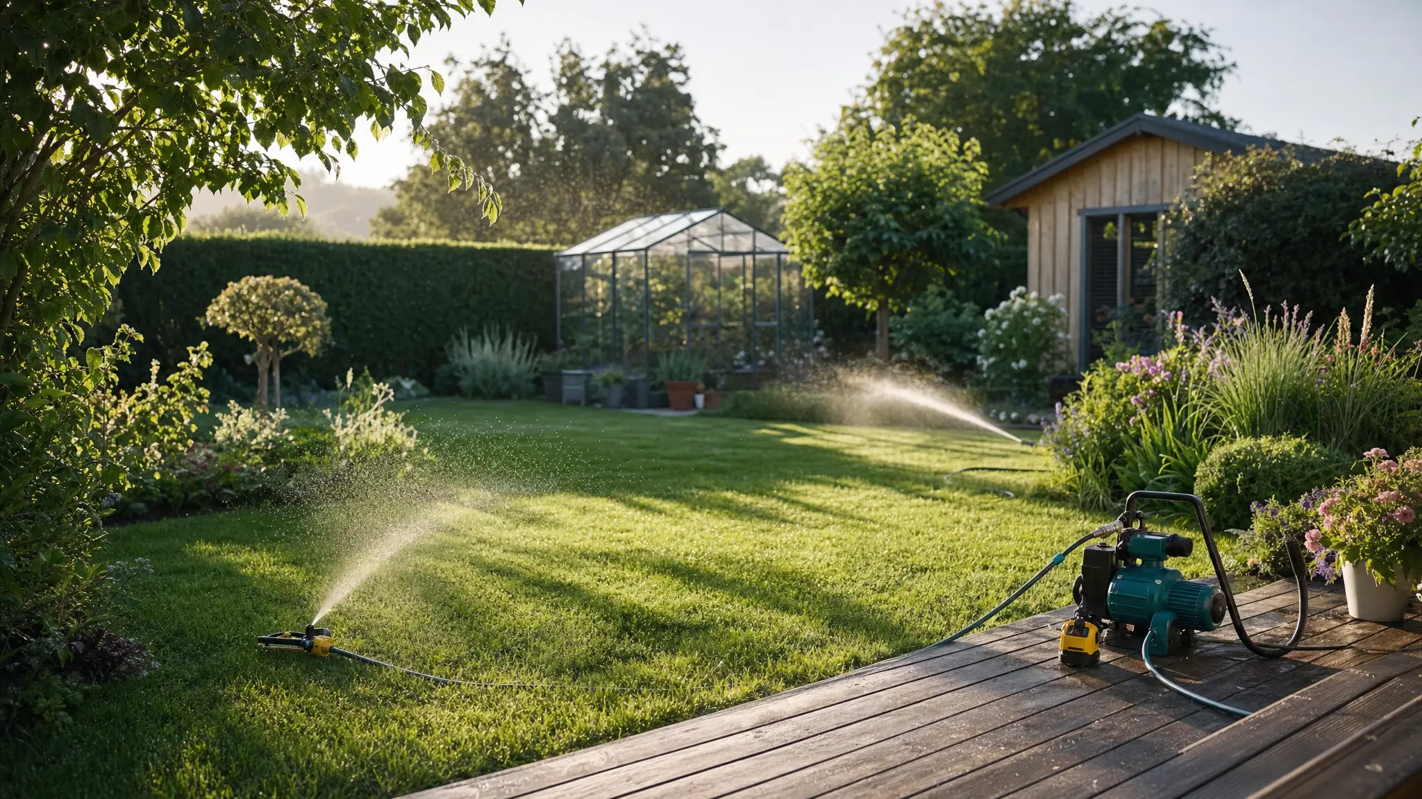 Sommerlicher Garten mit Rasen, zwei laufenden Regnern, Gartenpumpe mit Schlauch auf der Holzterrasse, Gewächshaus und Gartenhaus im Hintergrund