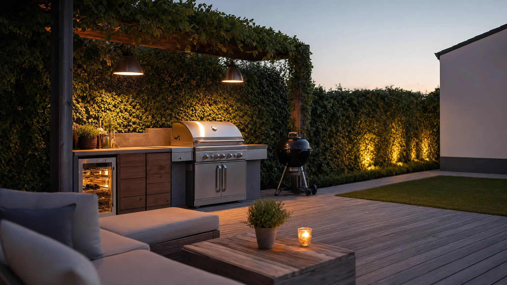 Hochwertige Terrasse am Abend mit Edelstahl-Gasgrill, Kugelgrill, Outdoor-Küche, Loungemöbeln und Pflanzen