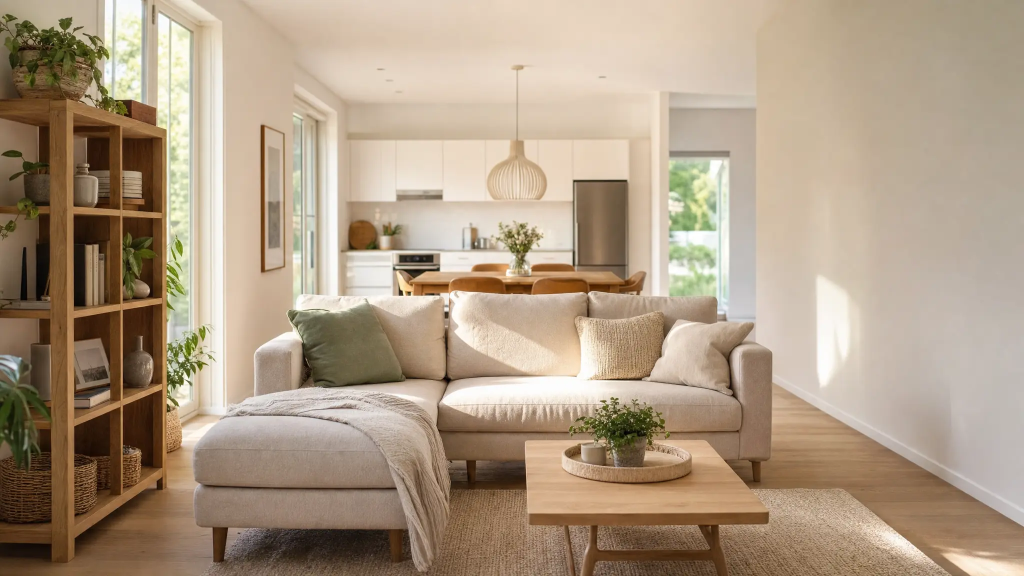 Helles modernes Wohnzimmer mit Sofa, Holzregal, Esstisch und Pflanzen, dahinter eine offene Küche mit großen Fenstern