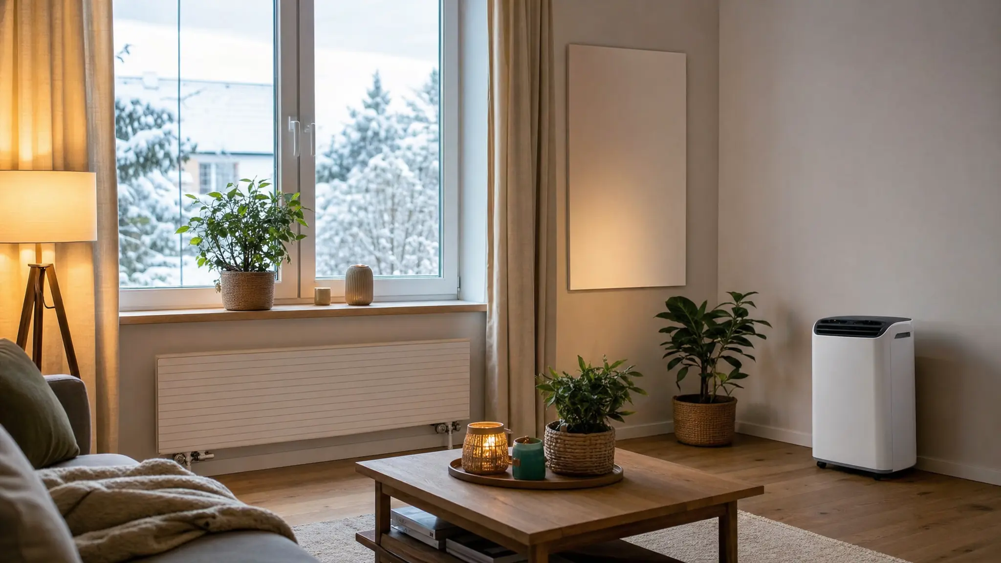 Behagliches Wohnzimmer im Winter mit Heizkörper unter dem Fenster, Infrarotpaneel an der Wand und mobilem Klimagerät, draußen Schnee