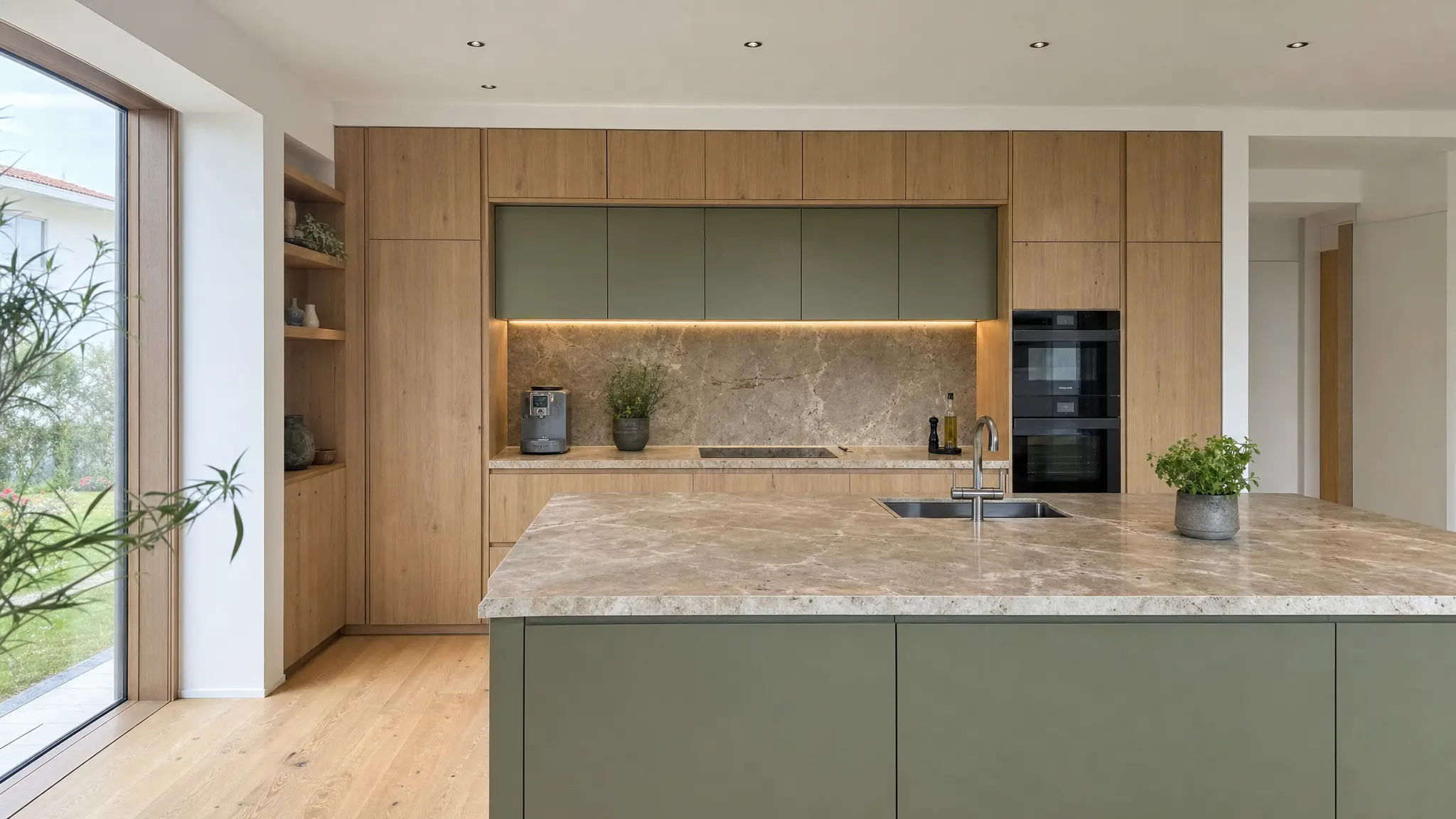 Moderne Einbauküche mit Holzfronten, grünen Oberschränken, Natursteinarbeitsplatte, Spüle mit Armatur und Blick in den Garten