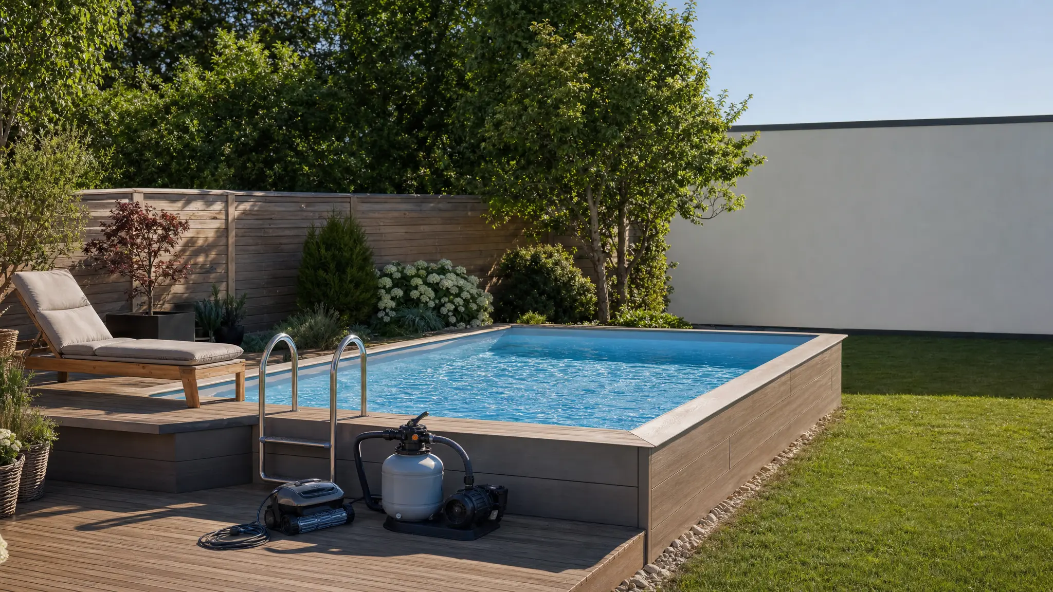 Gepflegter Sommergarten mit klarem Aufstellpool, Poolleiter, Filteranlage und Poolroboter, daneben Holzterrasse mit Liege