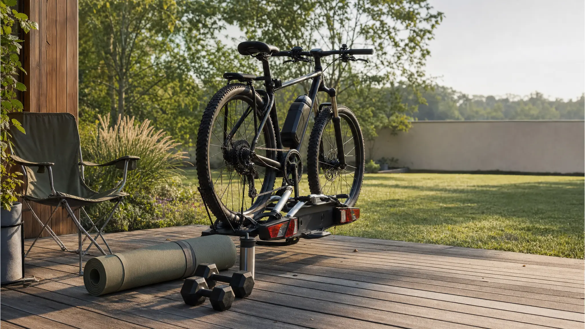 Fahrrad mit Fahrradträger, Hanteln und Yogamatte auf einer Holzterrasse, daneben ein Campingstuhl im Morgenlicht