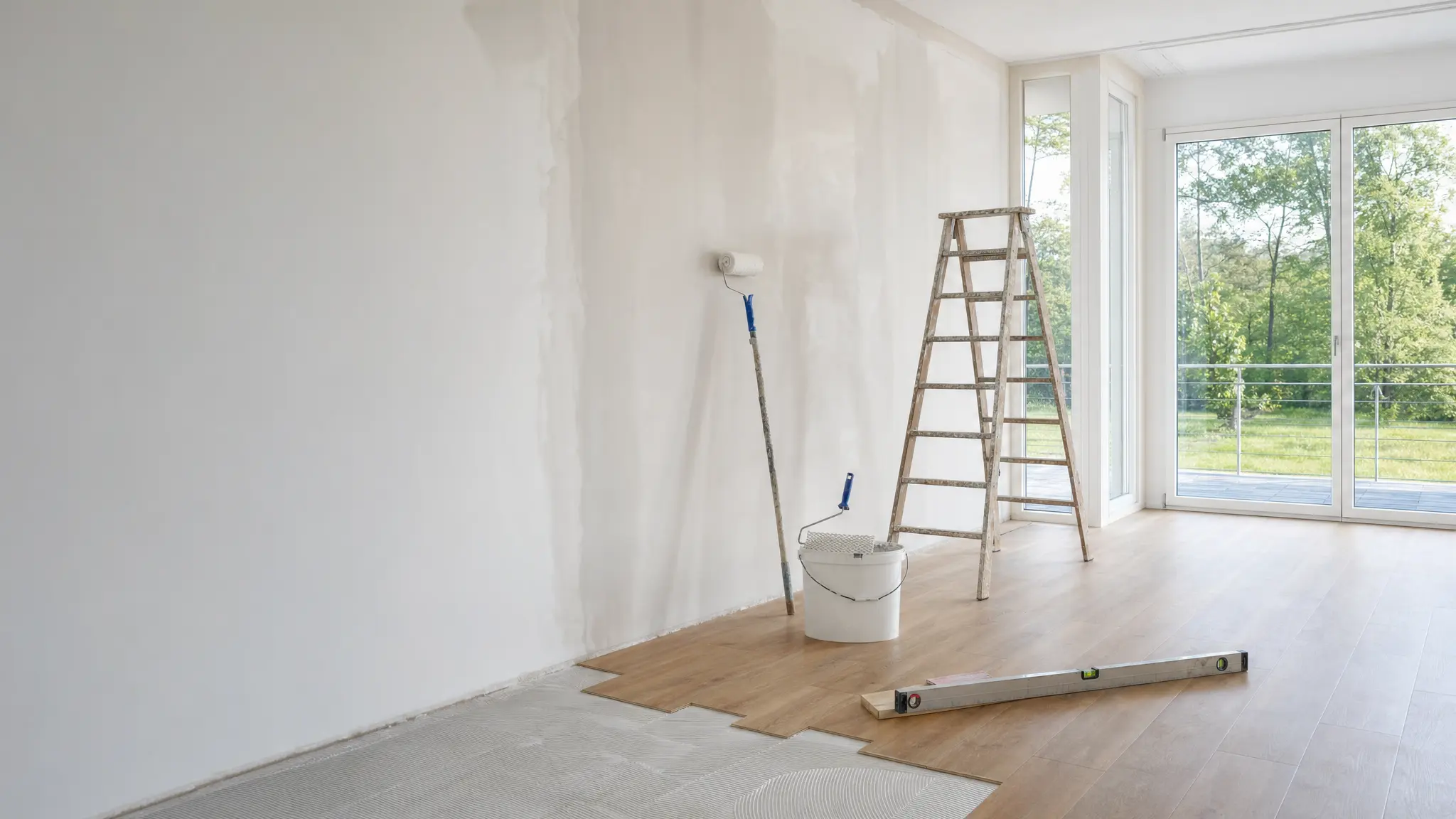 Frisch gespachtelte Wand, Leiter und halb verlegter Boden in einer Wohnung im Umbau