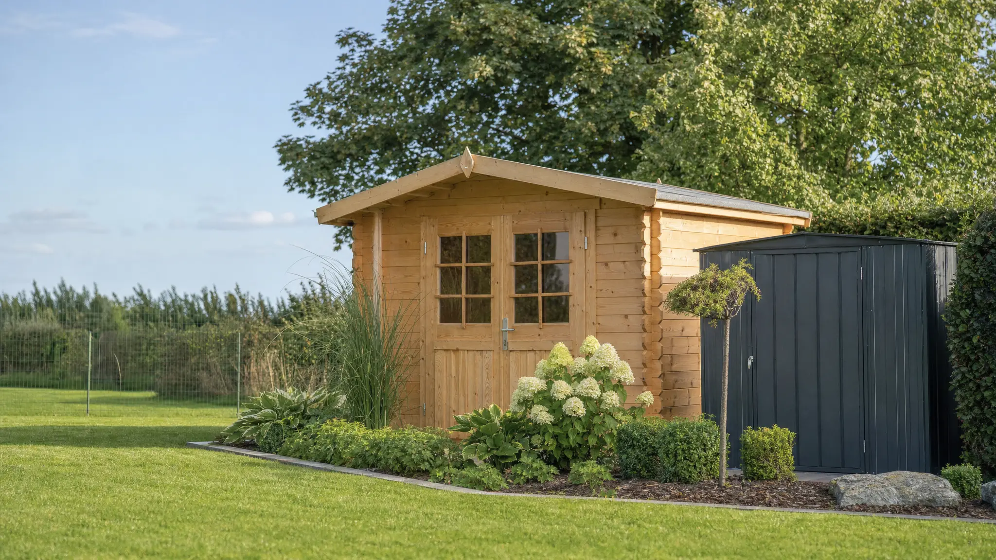 Holzgartenhaus und Metallgeräteschuppen in einem gepflegten Garten