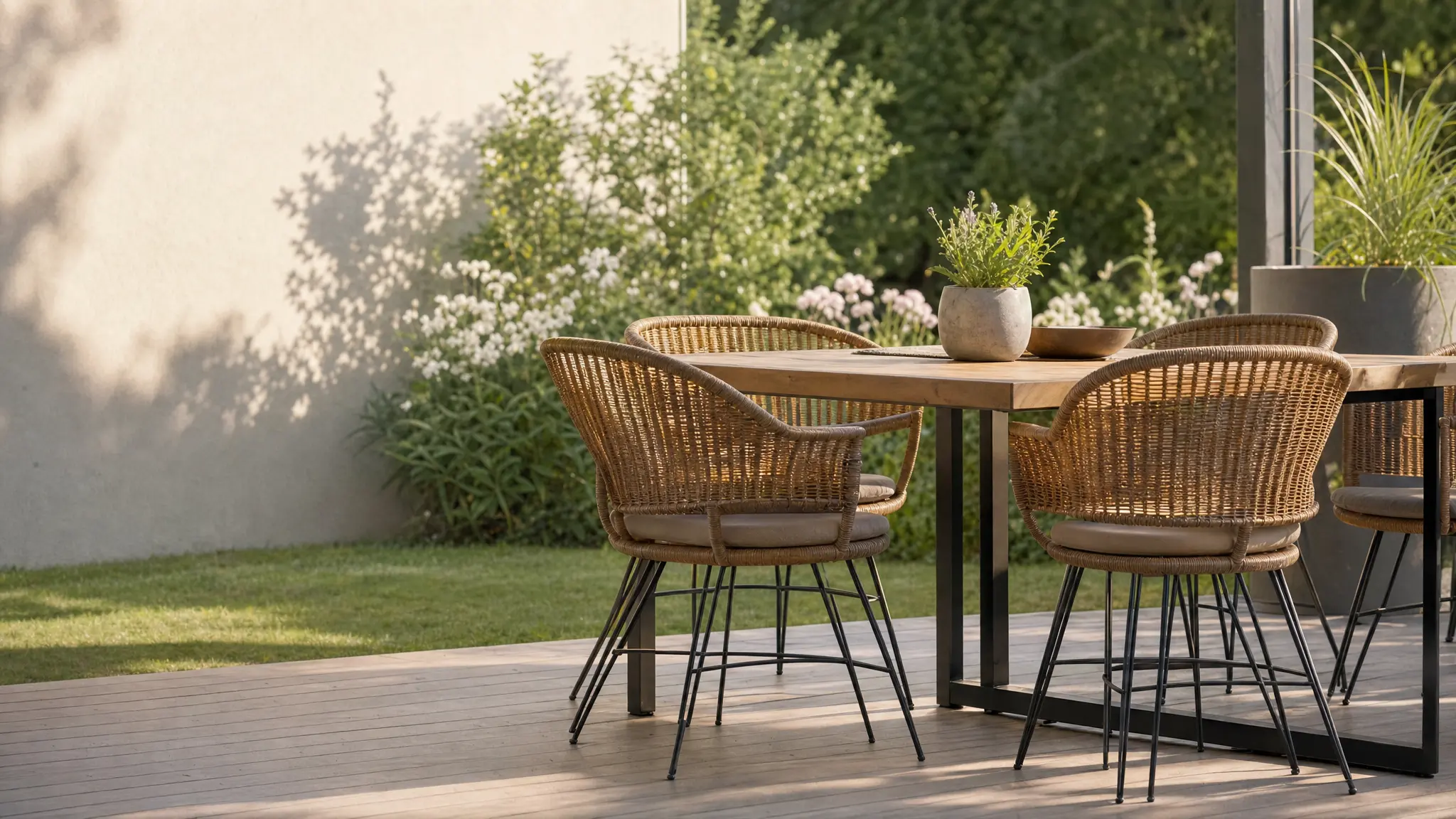 Gartenstühle aus Rattan und Metall an einem Tisch auf der Terrasse