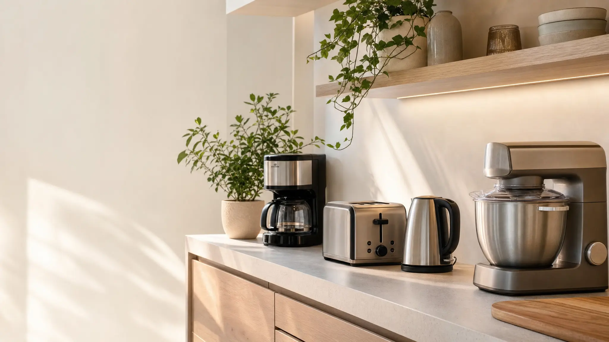 Kaffeemaschine, Toaster, Wasserkocher und Küchenmaschine auf heller Arbeitsplatte