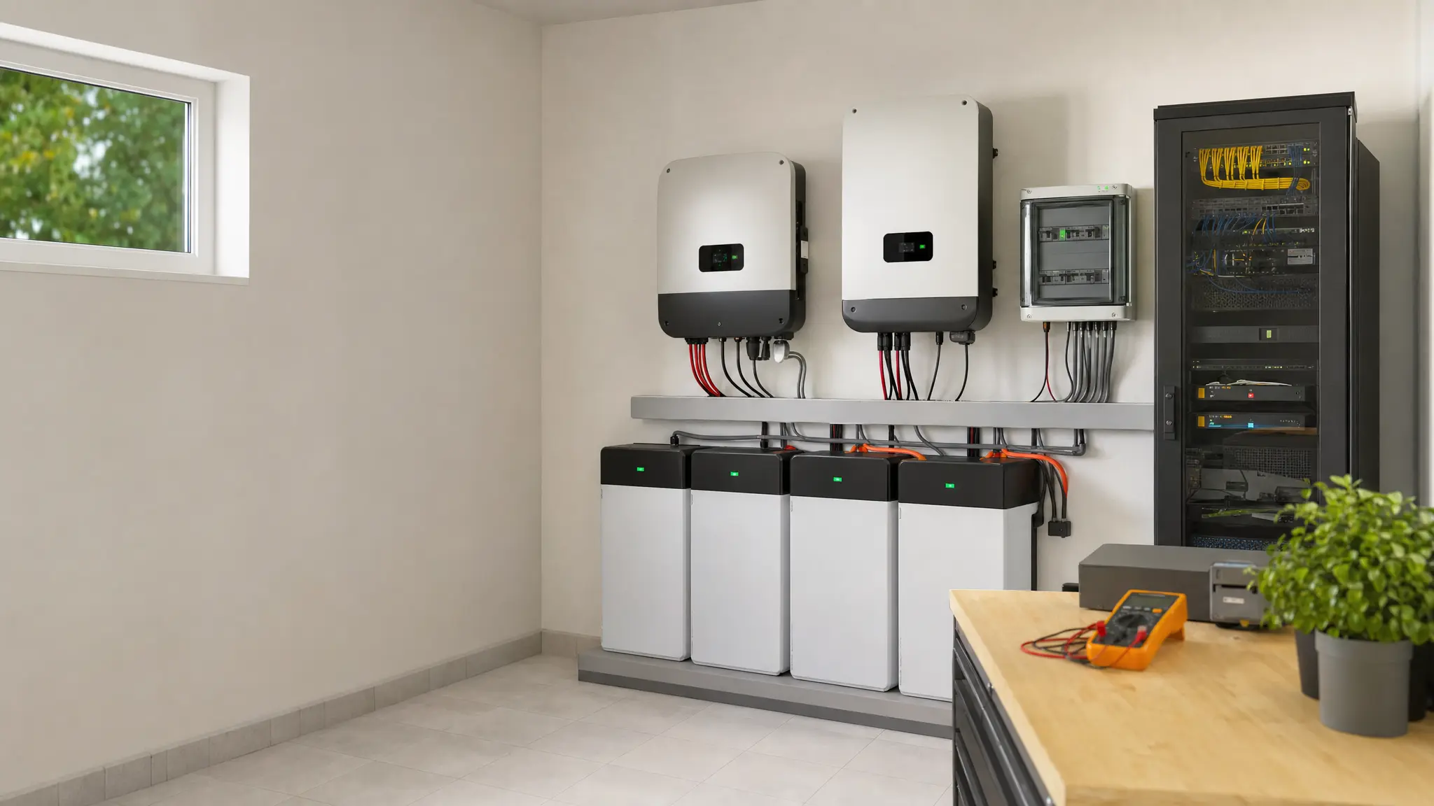 Aufgeräumter Technikraum mit Wechselrichter, Batteriespeicher und Netzwerkschrank