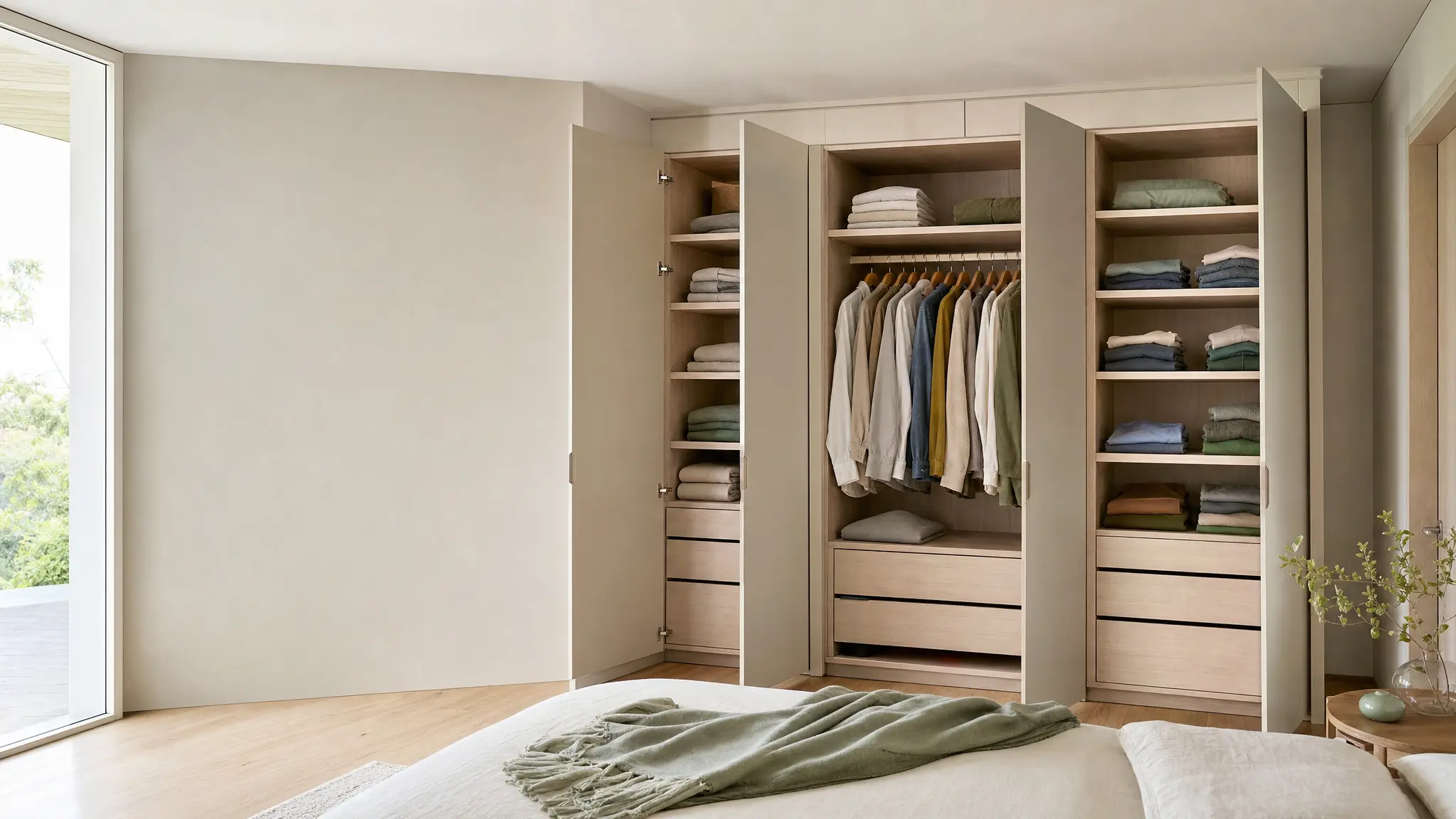 Heller Kleiderschrank mit leicht geöffneten Türen und gefalteter Wäsche im Schlafzimmer