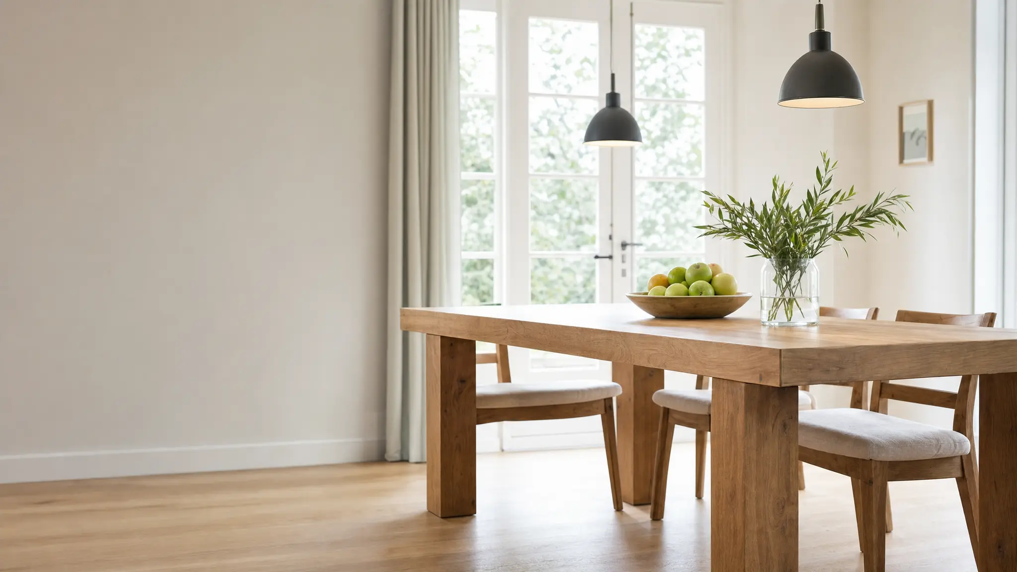 Esstisch aus Holz im hellen Esszimmer mit Tageslicht